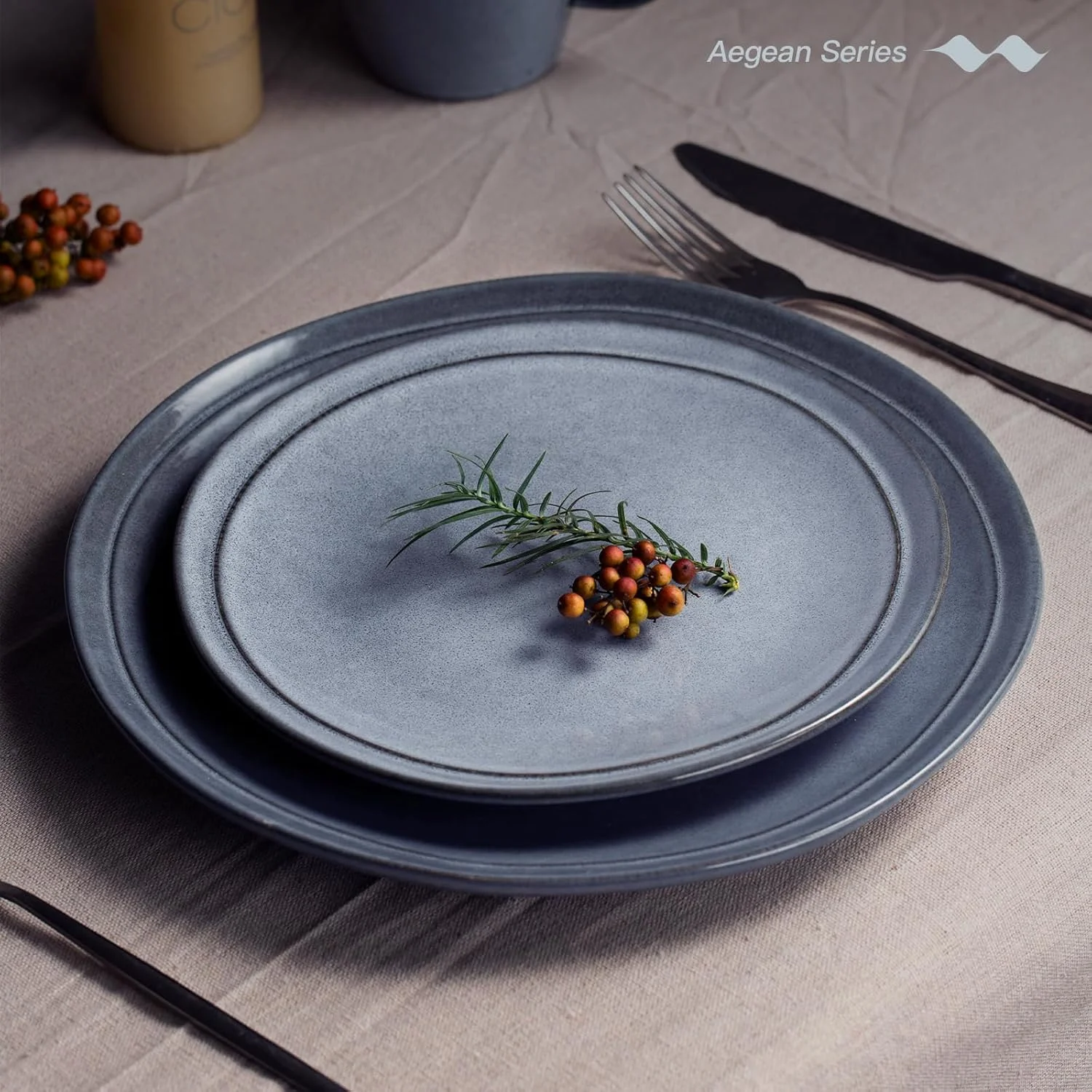 سرویس غذاخوری 12 پارچه سنگی فامی ور مدل Aegean برای 4 نفر، شامل بشقاب و کاسه، مقاوم در برابر خراش - قابل استفاده در مایکروویو و ماشین ظرفشویی، لعاب واکنش گرا، آبی خاکستری