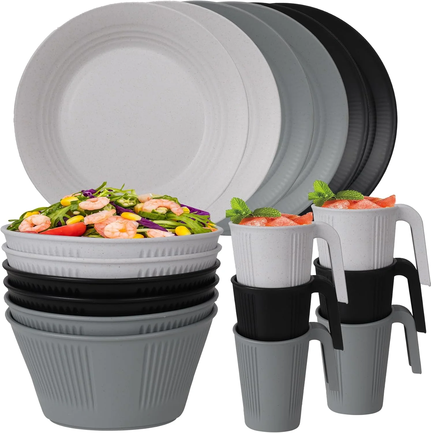 ست ظروف غذاخوری پلاستیکی نشکن Excefore برای 6 نفر - ظروف غذاخوری قابل استفاده مجدد با بشقاب، کاسه، فنجان - قابل استفاده در مایکروویو و ماشین ظرفشویی - ایده آل برای کمپینگ، پیک نیک، خانه و مهمانی ها