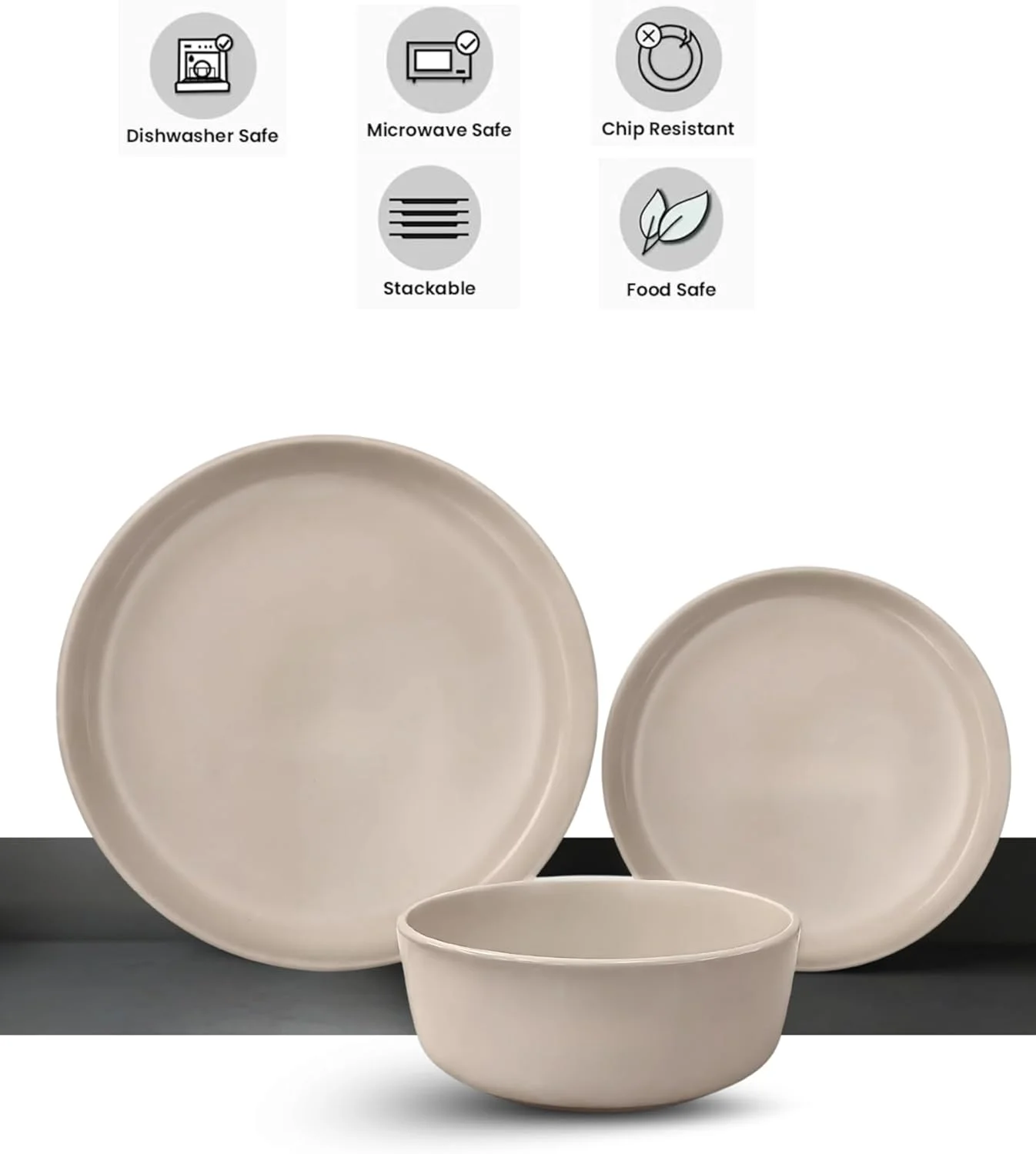 سرویس غذاخوری 12 پارچه سرامیکی FEELINGS STONEWARE | ظروف بادوام برای وعده های غذایی خانوادگی | شامل بشقاب غذاخوری، کاسه و لیوان | طراحی شیک برای استفاده روزمره (بژ 1)