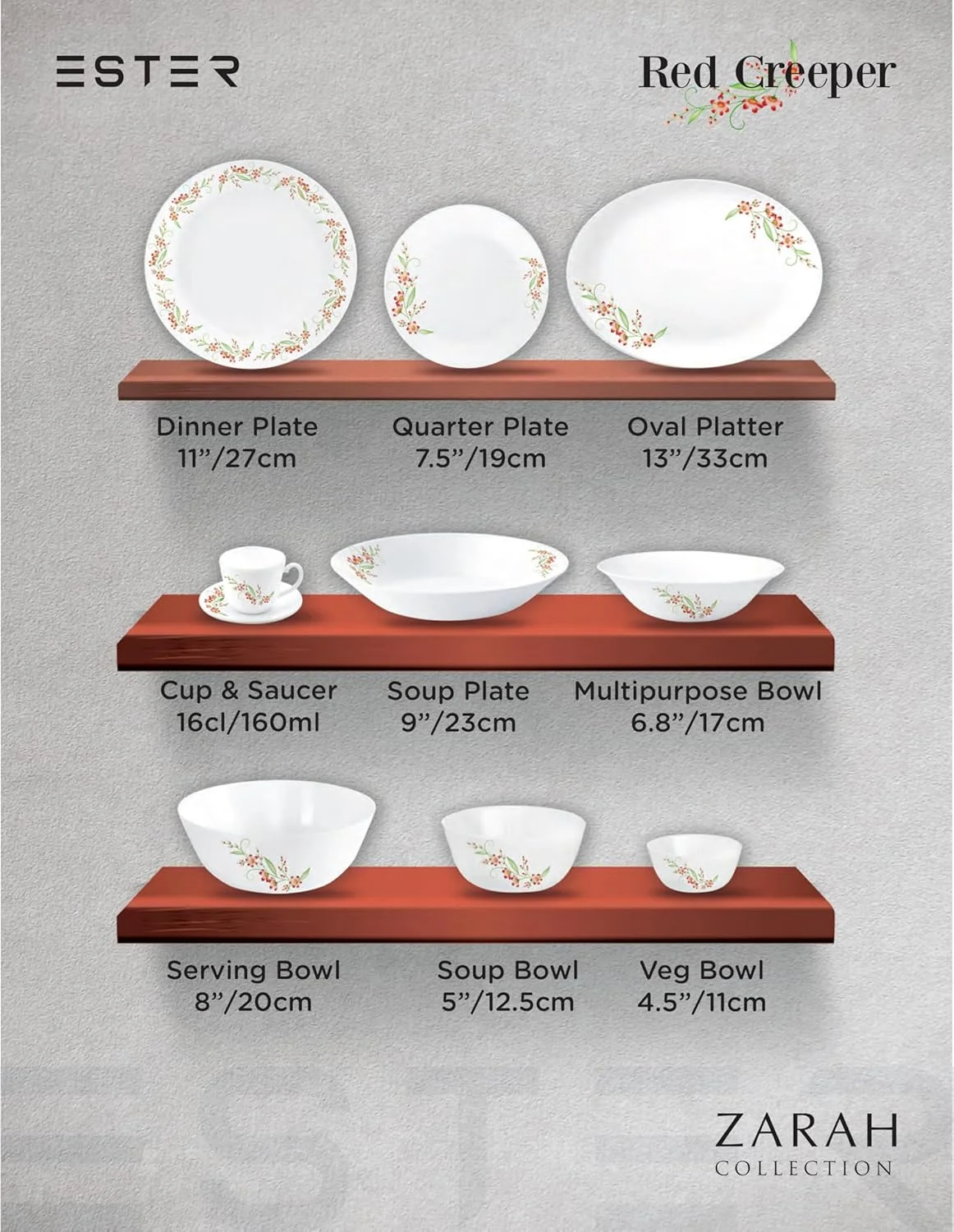 بشقاب ربع خوری اپال Ester Zarah، درجه یک، 19 سانتی متر، طرح خزنده قرمز - ظرف غذاخوری برای سرو در آشپزخانه