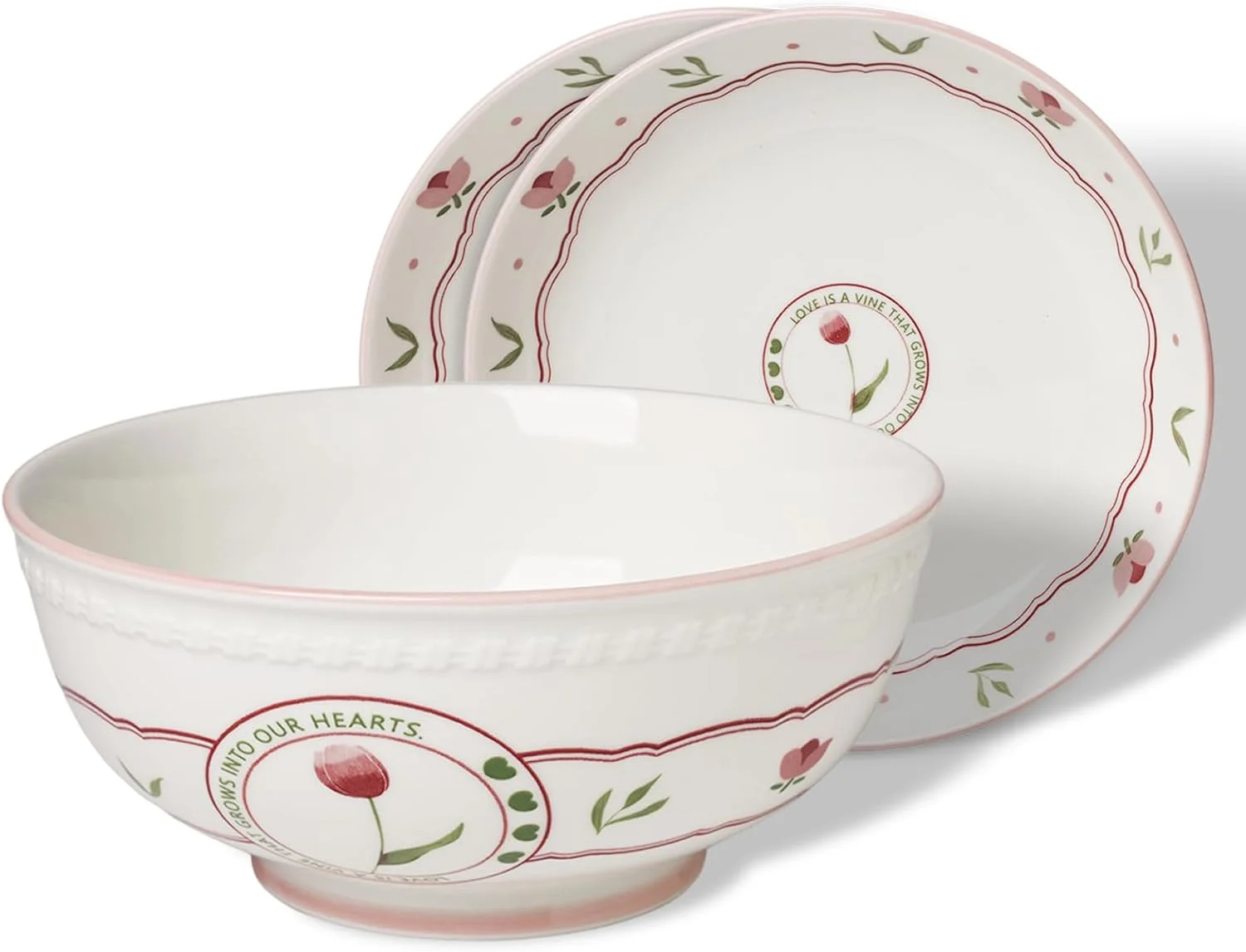 ست ظروف غذاخوری سرامیکی HAOTOP، 3 تکه بشقاب و کاسه، طرح گلدار، بشقاب و کاسه سرو غذا برای سالاد، سوپ، پاستا، قابل استفاده در مایکروویو و ماشین ظرفشویی، سفید