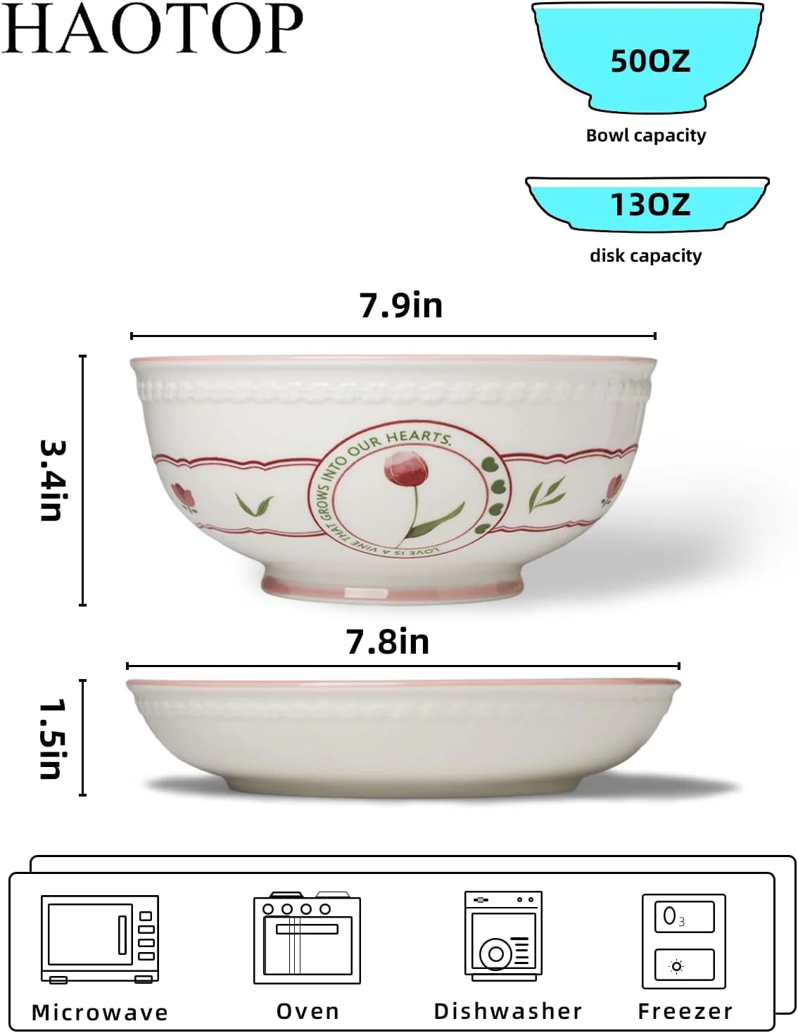ست ظروف غذاخوری سرامیکی HAOTOP، 3 تکه بشقاب و کاسه، طرح گلدار، بشقاب و کاسه سرو غذا برای سالاد، سوپ، پاستا، قابل استفاده در مایکروویو و ماشین ظرفشویی، سفید