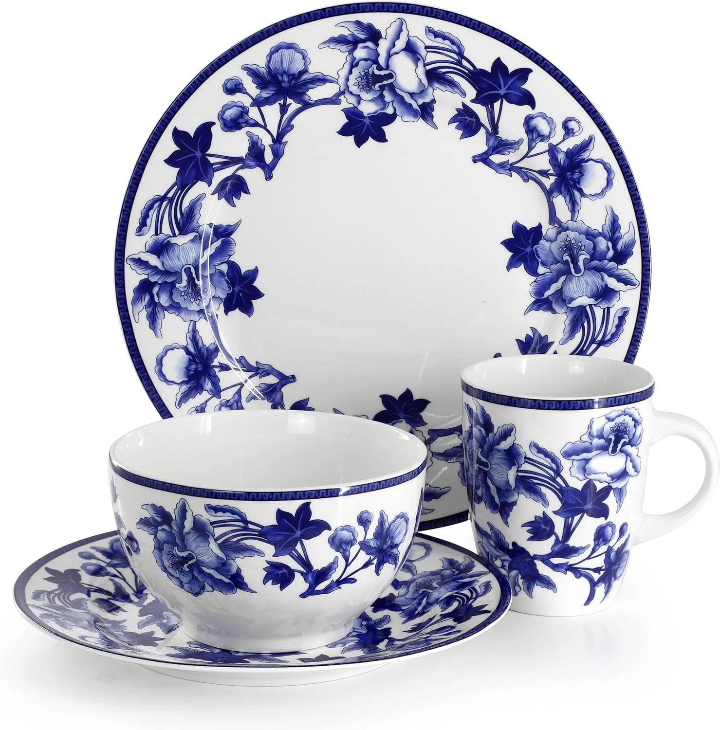 سرویس غذاخوری 16 پارچه گرد چینی الاما مدل Cattleya Orchid، آبی و سفید