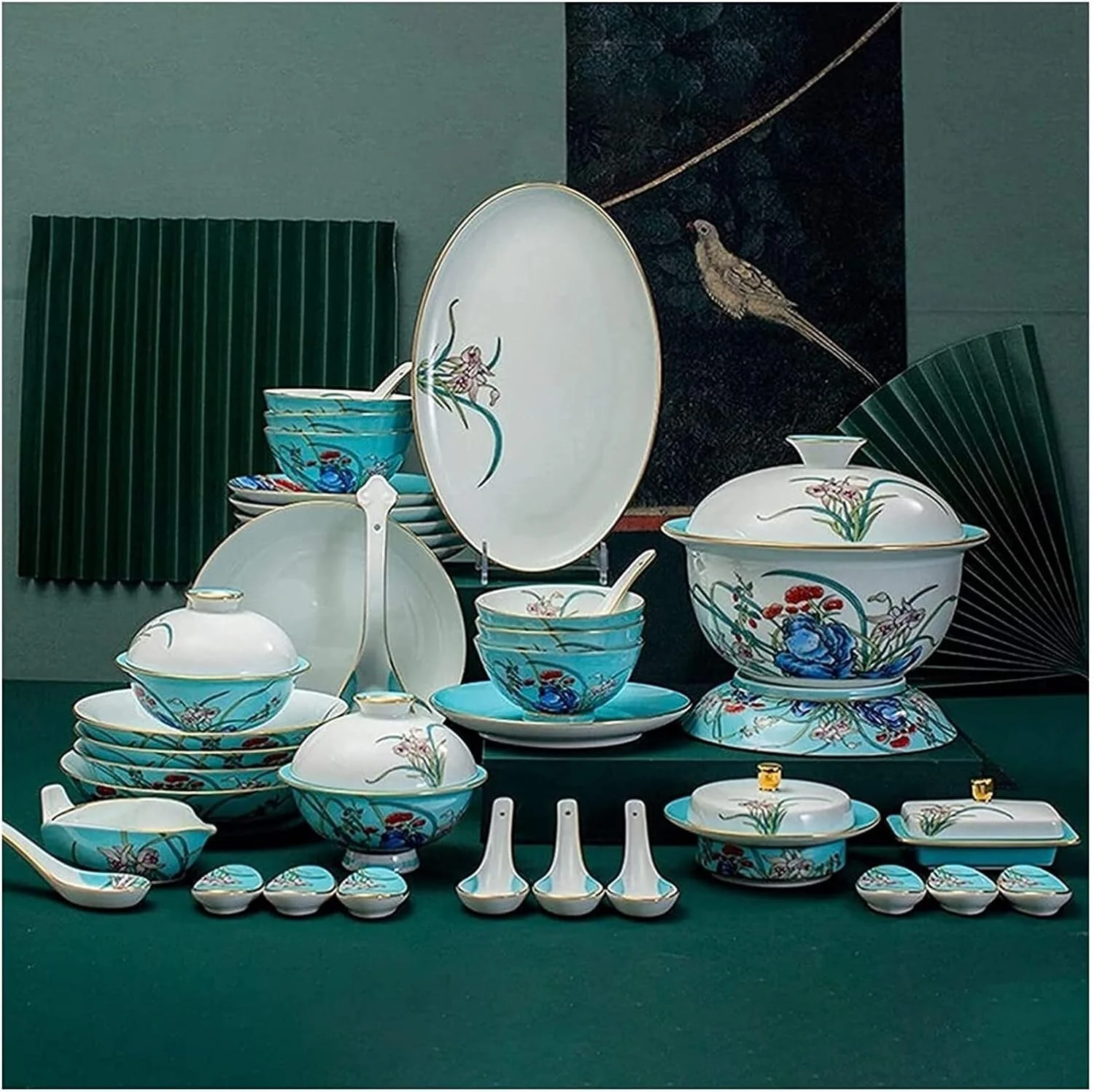 سرویس غذاخوری لوکس خانوادگی، سرویس ظروف سرامیکی، سرویس غذاخوری 38 تکه برجسته دست ساز طلایی چینی استخوانی | بشقاب استیک چینی و...