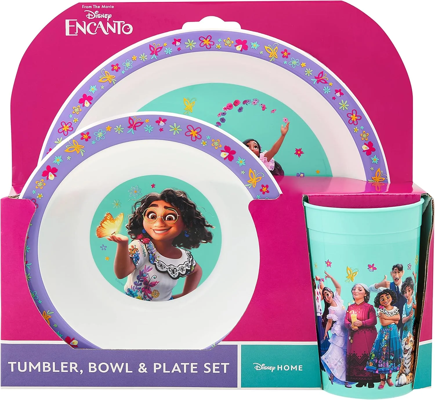 ست ظروف غذاخوری کودک دیزنی انکانتو – بشقاب، کاسه و لیوان PP قابل استفاده مجدد 3 تکه برای کودکان - ست لیوان و ظروف غذاخوری برای وعده های غذایی – برای 24 ماه به بالا، بنفش، سبز، صورتی