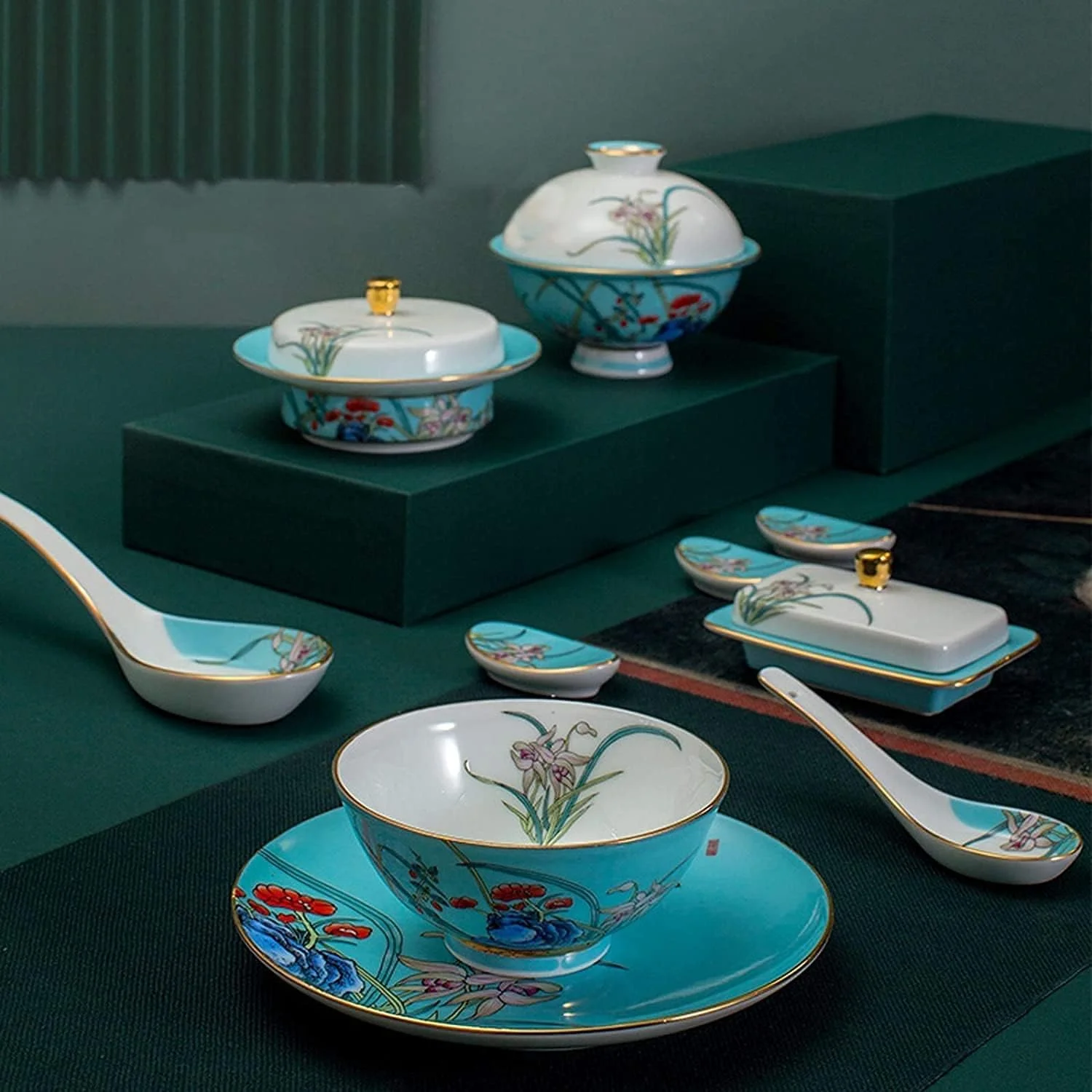 سرویس غذاخوری لوکس خانوادگی، سرویس ظروف سرامیکی، سرویس غذاخوری 38 تکه برجسته دست ساز طلایی چینی استخوانی | بشقاب استیک چینی و...