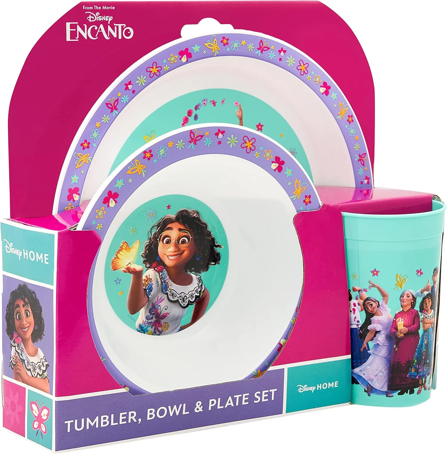 ست ظروف غذاخوری کودک دیزنی انکانتو – بشقاب، کاسه و لیوان PP قابل استفاده مجدد 3 تکه برای کودکان - ست لیوان و ظروف غذاخوری برای وعده های غذایی – برای 24 ماه به بالا، بنفش، سبز، صورتی