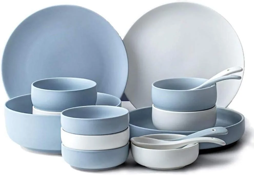 ست ظروف غذاخوری 16 پارچه، ست ظروف سرامیکی سفید و آبی برای 4 نفر