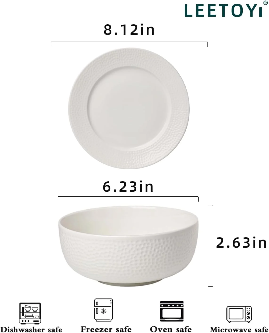 ست ظروف غذاخوری سرامیکی LEETOYI، کاسه 770 میلی لیتری با بشقاب، ظروف غذاخوری برای آشپزخانه و غذاخوری رسمی، مناسب برای غلات، سالاد، پاستا، سوپ، دسر، قابل شستشو در ماشین ظرفشویی و استفاده در مایکروویو، سفید