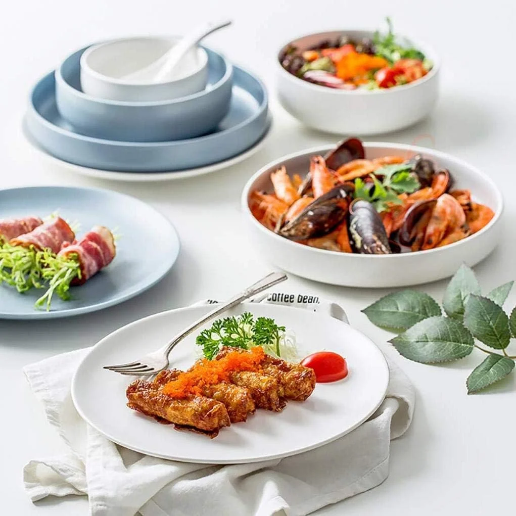 ست ظروف غذاخوری 16 پارچه، ست ظروف سرامیکی سفید و آبی برای 4 نفر