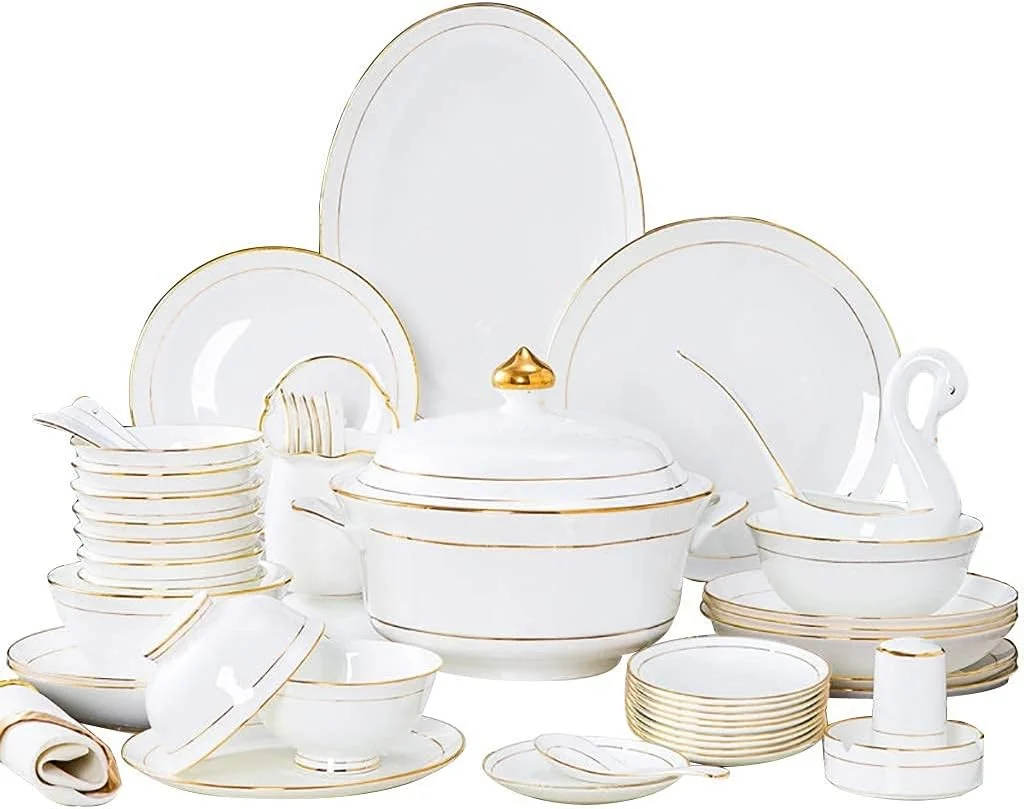 سرویس ظروف غذاخوری سرامیکی آشپزخانه، کاسه های غلات و سوپ، بشقاب ها، کاسه ها، ست بشقاب غذاخوری چینی استخوانی سرامیکی با لبه طلایی، ست کاسه، 62 تکه