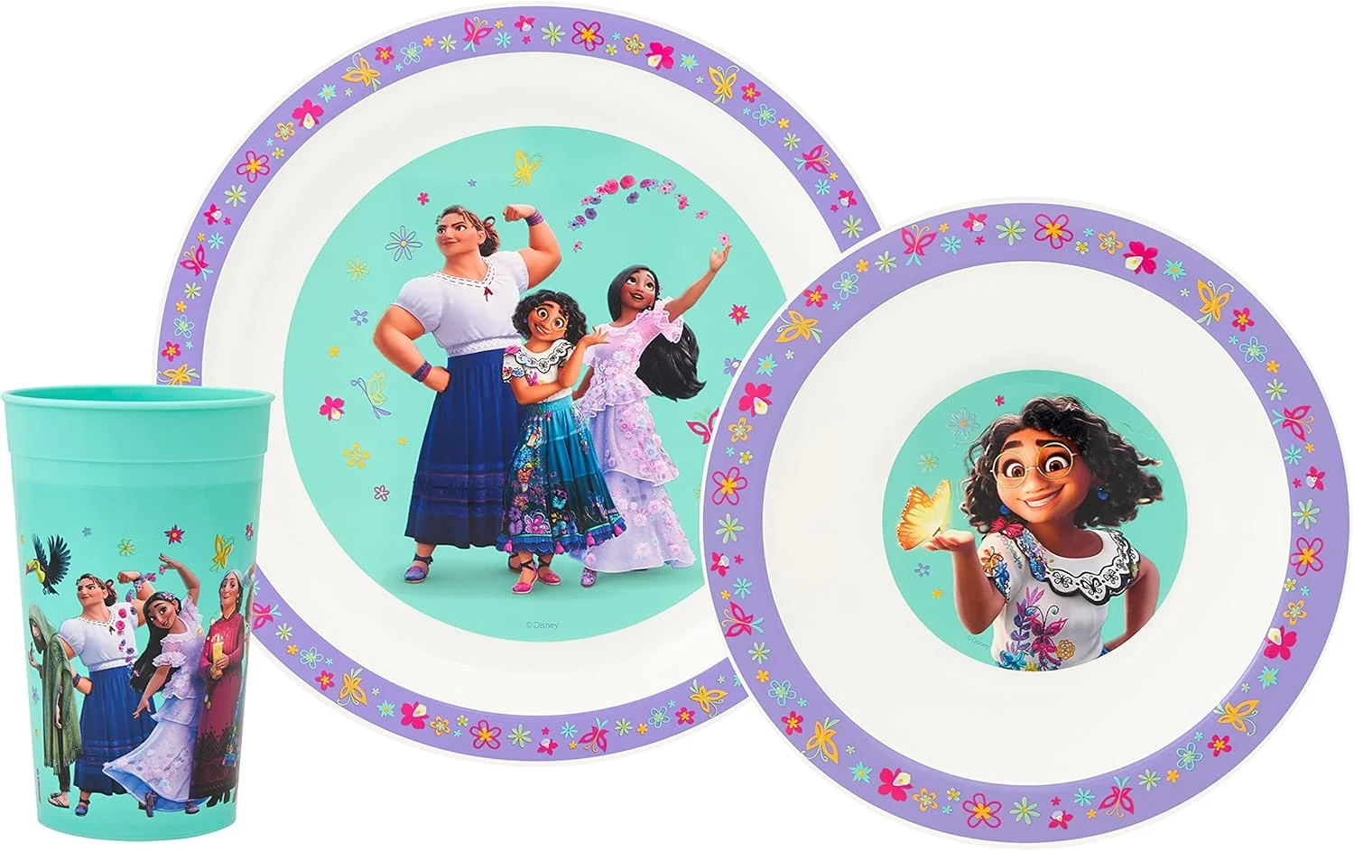 ست ظروف غذاخوری کودک دیزنی انکانتو – بشقاب، کاسه و لیوان PP قابل استفاده مجدد 3 تکه برای کودکان - ست لیوان و ظروف غذاخوری برای وعده های غذایی – برای 24 ماه به بالا، بنفش، سبز، صورتی