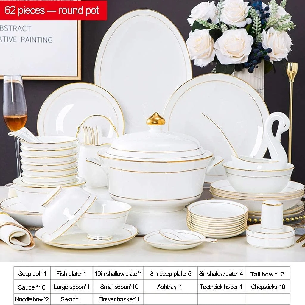 سرویس ظروف غذاخوری سرامیکی آشپزخانه، کاسه های غلات و سوپ، بشقاب ها، کاسه ها، ست بشقاب غذاخوری چینی استخوانی سرامیکی با لبه طلایی، ست کاسه، 62 تکه سرویس ظروف غذاخوری سرامیکی آشپزخانه، کاسه های غلات و سوپ، بشقاب ها، کاسه ها، ست بشقاب غذاخوری چینی استخوانی سرامیکی با لبه طلایی، ست کاسه، 62 تکه