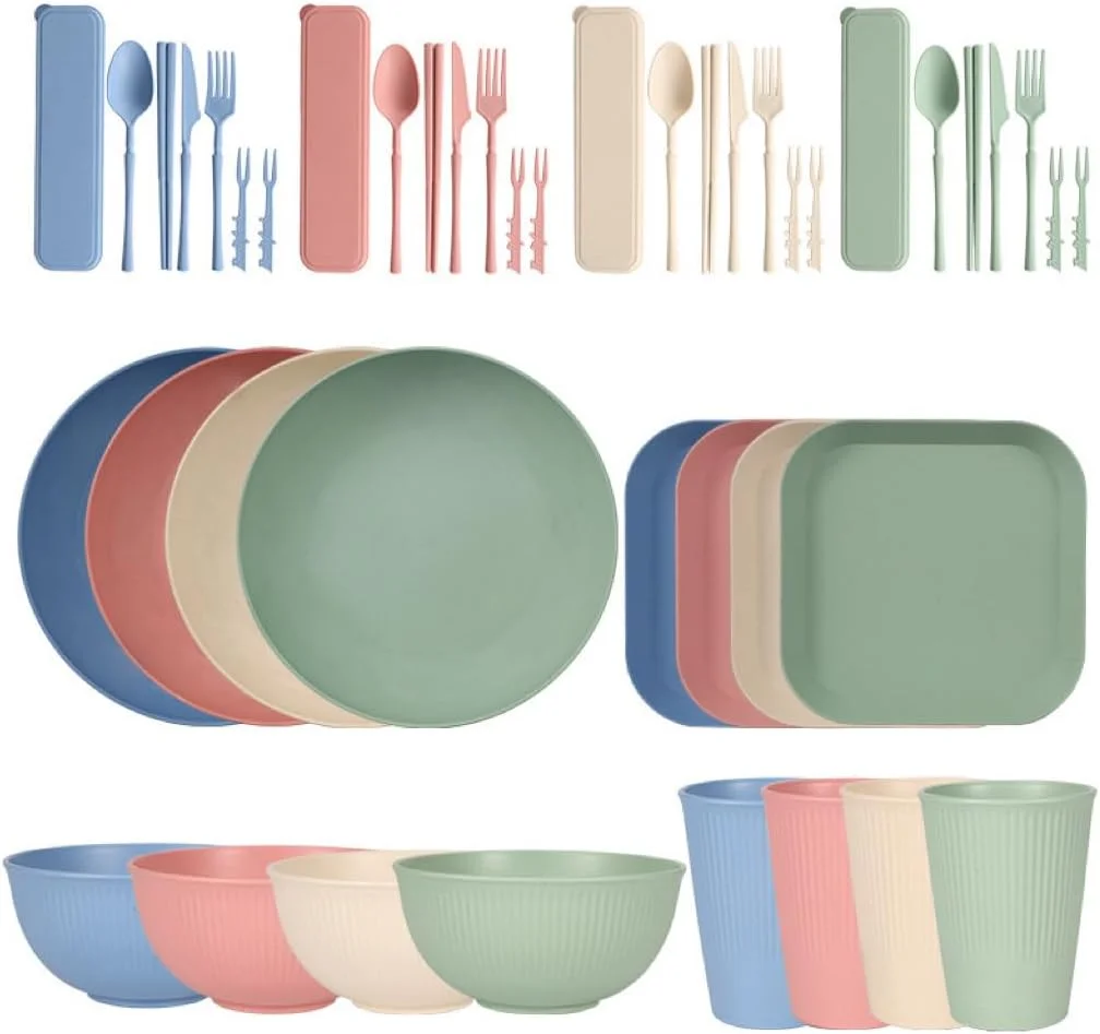 ست ظروف پلاستیکی 44 تکه، شامل بشقاب، کاسه، فنجان، و قاشق چنگال، مناسب برای 4 نفر، ست سرو سبک و قابل استفاده مجدد، حمل و نقل و تمیز کردن آسان