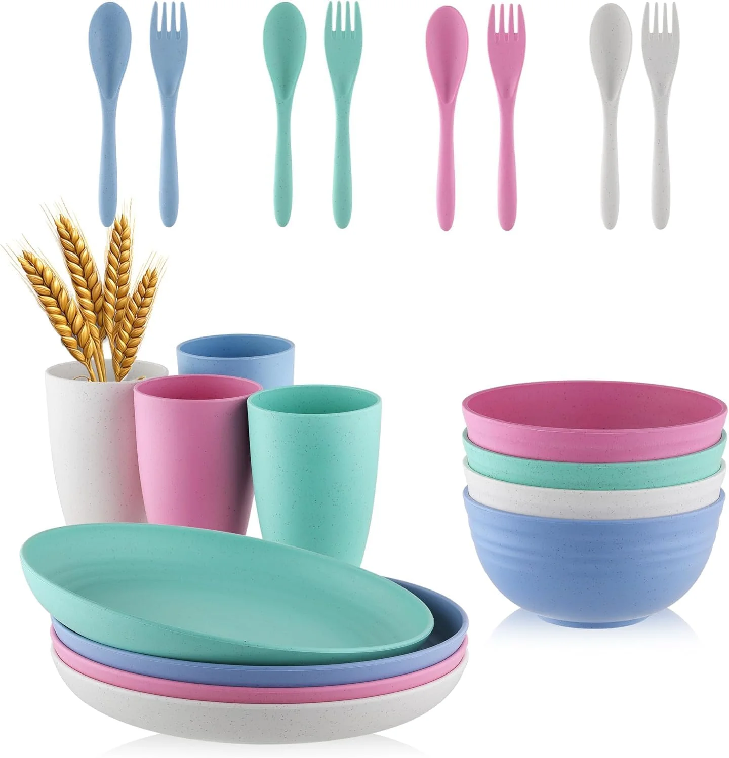 ست ظروف غذاخوری کاه گندم، نشکن، سبک وزن، شامل بشقاب و کاسه غلات، قابل استفاده در مایکروویو و ماشین ظرفشویی، قابل استفاده مجدد، ظروف سازگار با محیط زیست برای کودکان و بزرگسالان، 20 تکه (رنگی)