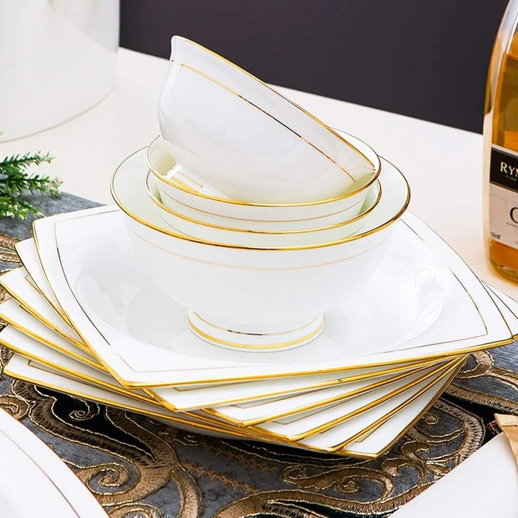 سرویس ظروف غذاخوری سرامیکی آشپزخانه، کاسه های غلات و سوپ، بشقاب ها، کاسه ها، ست بشقاب غذاخوری چینی استخوانی سرامیکی با لبه طلایی، ست کاسه، 62 تکه سرویس ظروف غذاخوری سرامیکی آشپزخانه، کاسه های غلات و سوپ، بشقاب ها، کاسه ها، ست بشقاب غذاخوری چینی استخوانی سرامیکی با لبه طلایی، ست کاسه، 62 تکه
