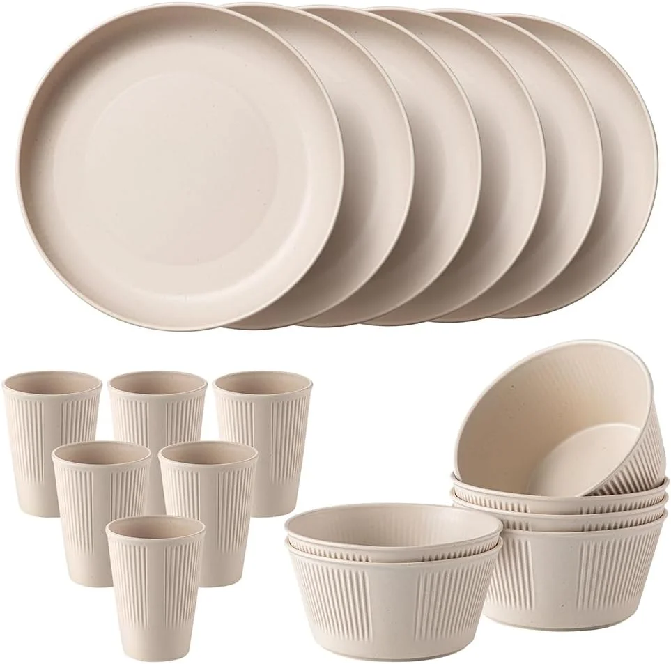 سرویس ظروف غذاخوری 18 پارچه از جنس کاه گندم، نشکن، سبک، شامل بشقاب و کاسه گرد، قابل استفاده در مایکروویو و ماشین ظرفشویی، مناسب منزل، کمپینگ یا پیک نیک