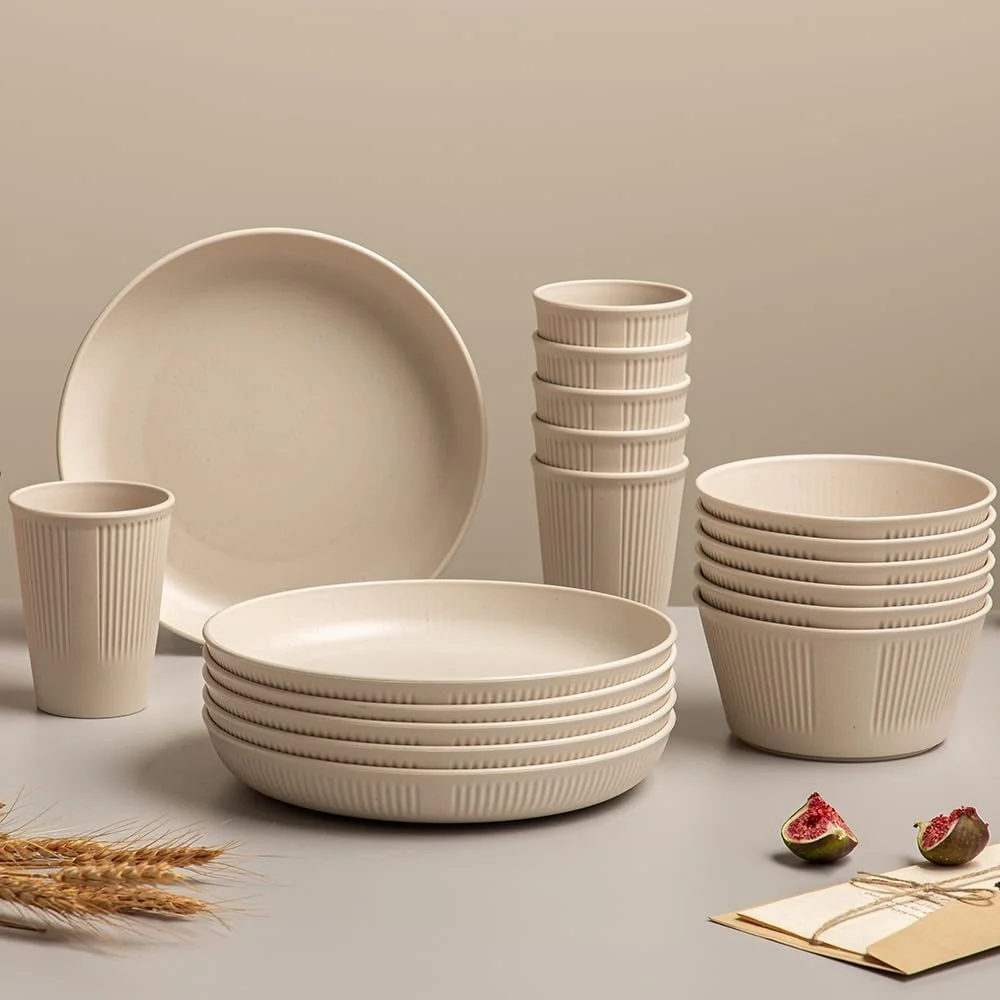سرویس ظروف غذاخوری 18 پارچه از جنس کاه گندم، نشکن، سبک، شامل بشقاب و کاسه گرد، قابل استفاده در مایکروویو و ماشین ظرفشویی، مناسب منزل، کمپینگ یا پیک نیک