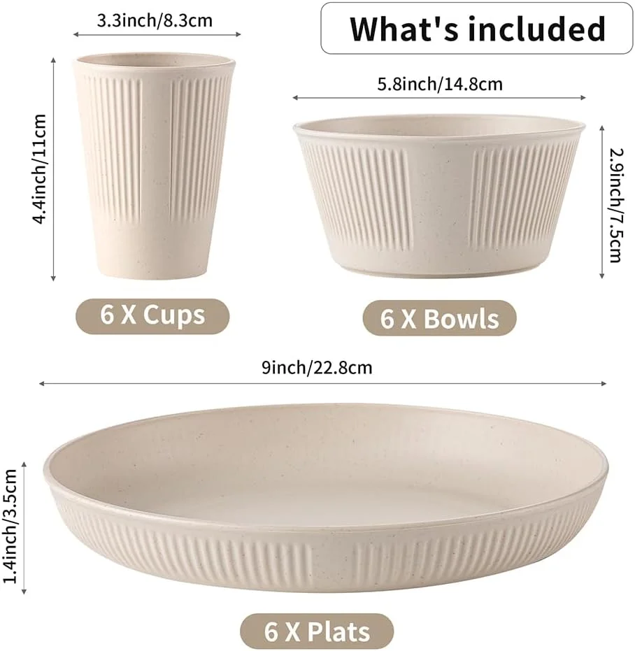 سرویس ظروف غذاخوری 18 پارچه از جنس کاه گندم، نشکن، سبک، شامل بشقاب و کاسه گرد، قابل استفاده در مایکروویو و ماشین ظرفشویی، مناسب منزل، کمپینگ یا پیک نیک