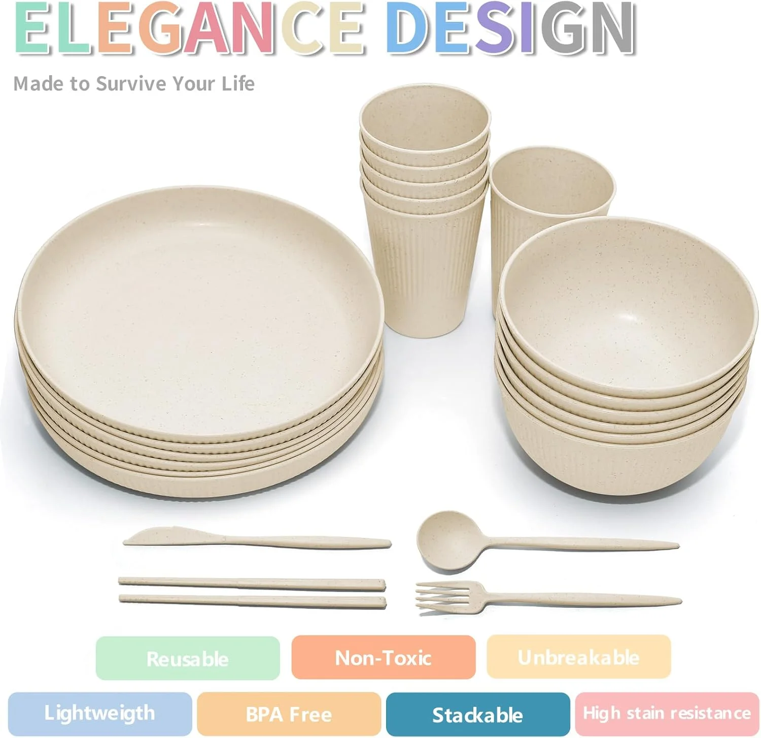 سرویس ظروف غذاخوری کاه گندم - مجموعه ظروف نشکن 42 تکه DAPIPIK برای 6 نفر، ست بشقاب و کاسه آشپزخانه، ست سبک وزن بشقاب، فنجان و کاسه کمپینگ. ظروف قابل شستشو در ماشین ظرفشویی و مایکروویو