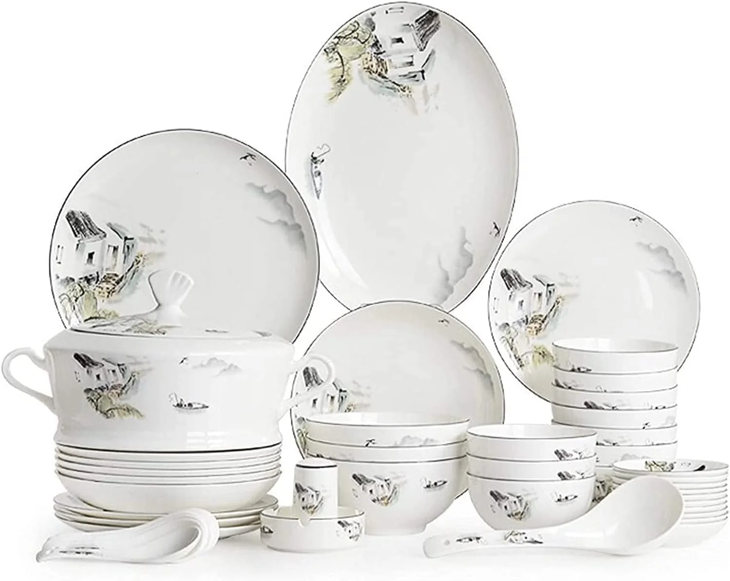 سرویس ظروف غذاخوری، ست ظروف پذیرایی مهمانی، ست ظروف سرامیکی، کاسه های سرامیکی/بشقاب استیک/قابلمه سوپ 50 تکه ای به سبک چینی