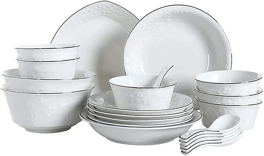 سرویس ظروف غذاخوری آشپزخانه و غذاخوری، سرویس ظروف سرامیکی، بشقاب/کاسه/دیس مجموعه ظروف چینی ۲۱ تکه - مهمانی خانوادگی رستوران