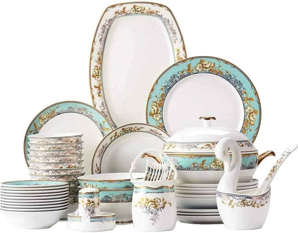 سرویس ظروف غذاخوری، سرویس ظروف پذیرایی مهمانی، سرویس ظروف سرامیکی با 50 تکه، ست ظروف کاسه/قابلمه/بشقاب/قاشق، ست ترکیبی ظروف چینی