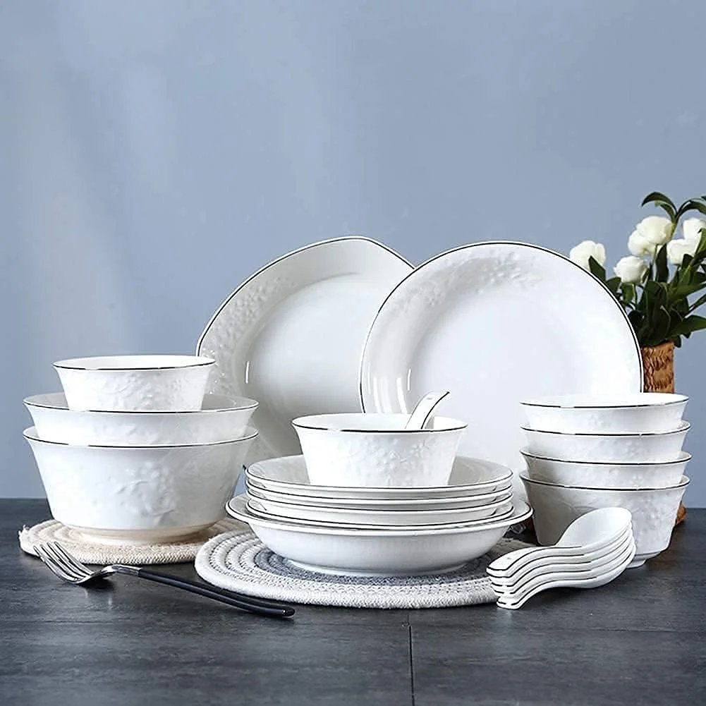 سرویس ظروف غذاخوری آشپزخانه و غذاخوری، سرویس ظروف سرامیکی، بشقاب/کاسه/دیس مجموعه ظروف چینی ۲۱ تکه - مهمانی خانوادگی رستوران