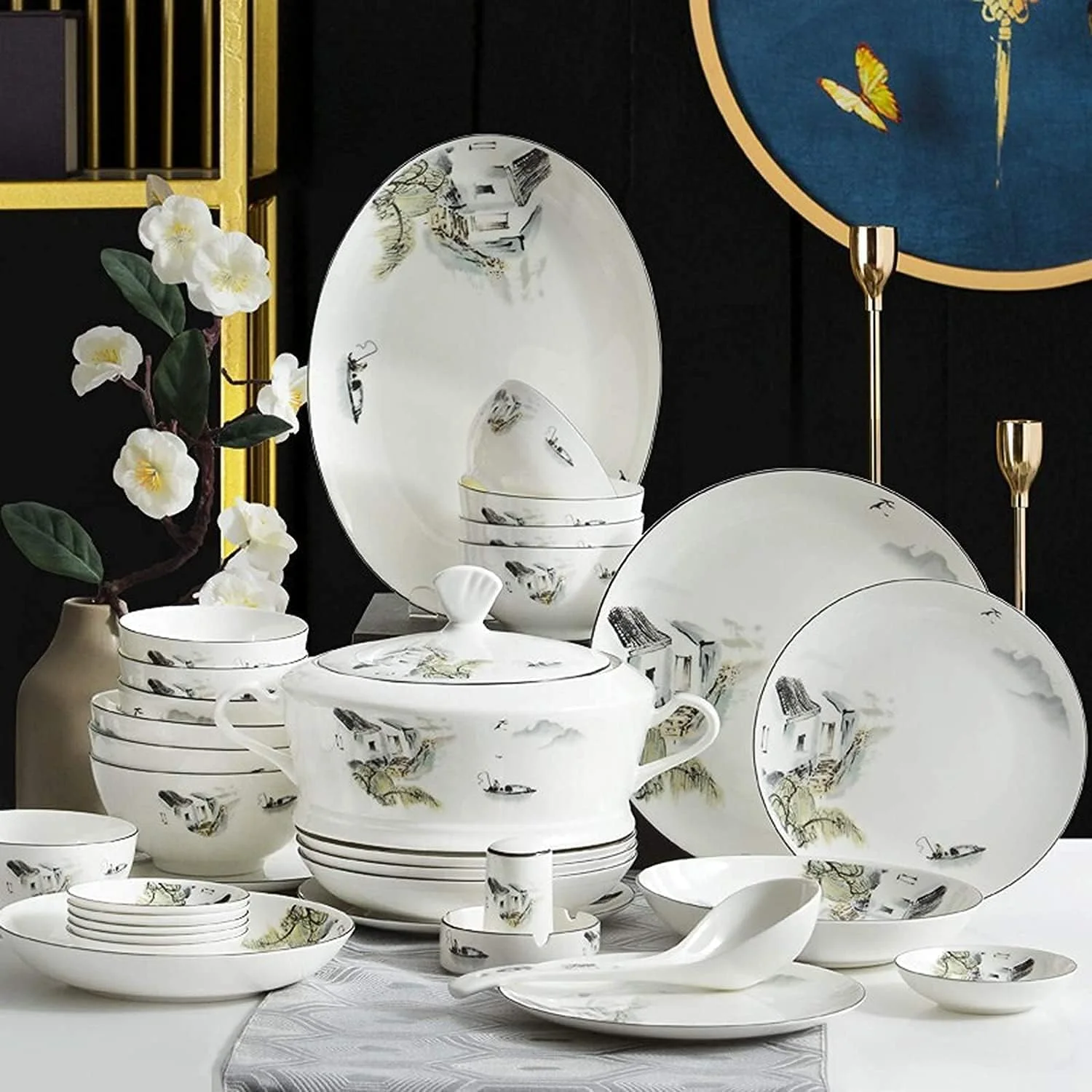 سرویس ظروف غذاخوری، ست ظروف پذیرایی مهمانی، ست ظروف سرامیکی، کاسه های سرامیکی/بشقاب استیک/قابلمه سوپ 50 تکه ای به سبک چینی