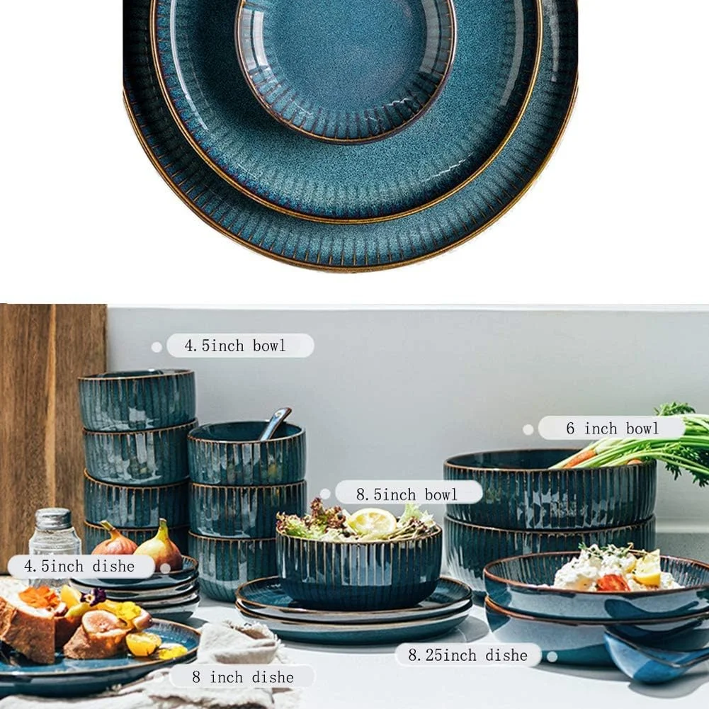 ظروف غذاخوری مهمانی، ست ظروف غذاخوری نفیس، ست ظروف غذاخوری، ست ظروف غذاخوری چینی آبی، ست بشقاب و کاسه سرامیکی، ظروف سنگی با لعاب مدرن و خلاقانه