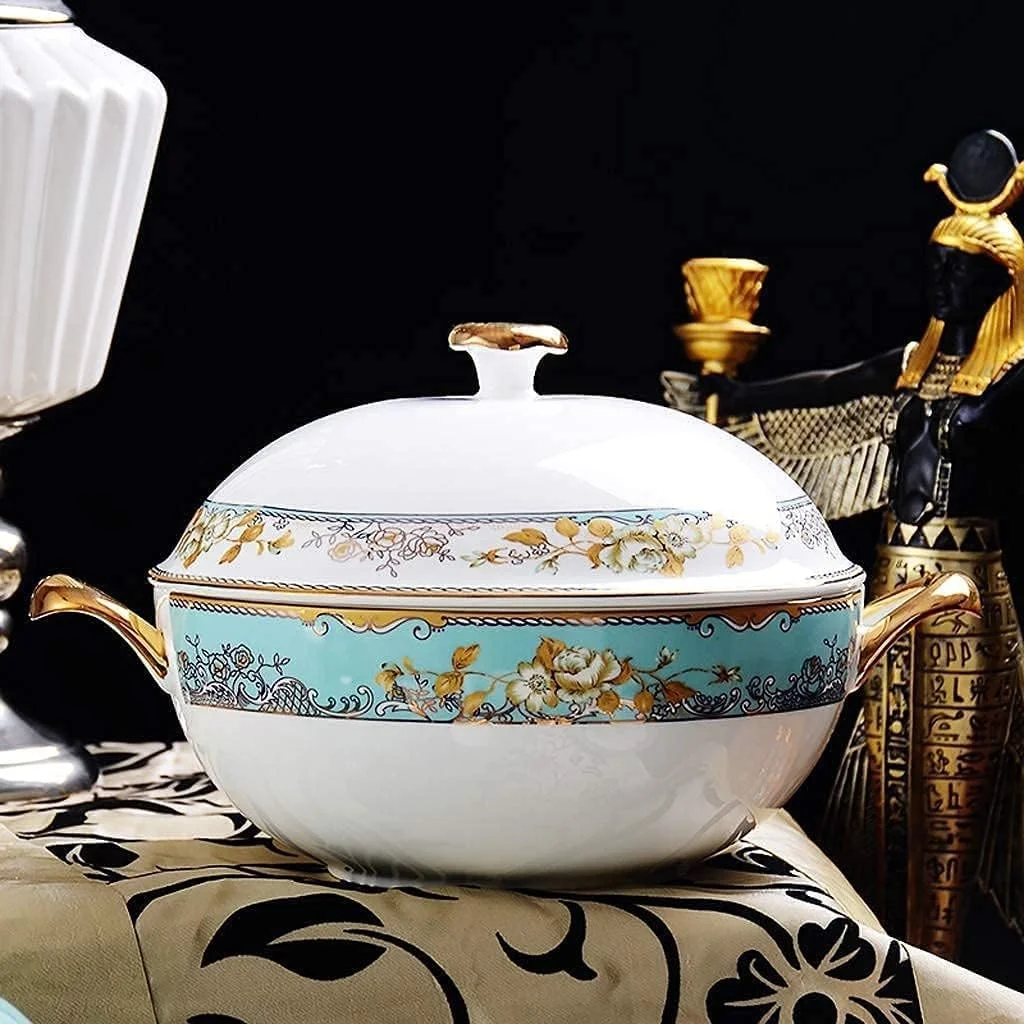 سرویس ظروف غذاخوری، سرویس ظروف پذیرایی مهمانی، سرویس ظروف سرامیکی با 50 تکه، ست ظروف کاسه/قابلمه/بشقاب/قاشق، ست ترکیبی ظروف چینی