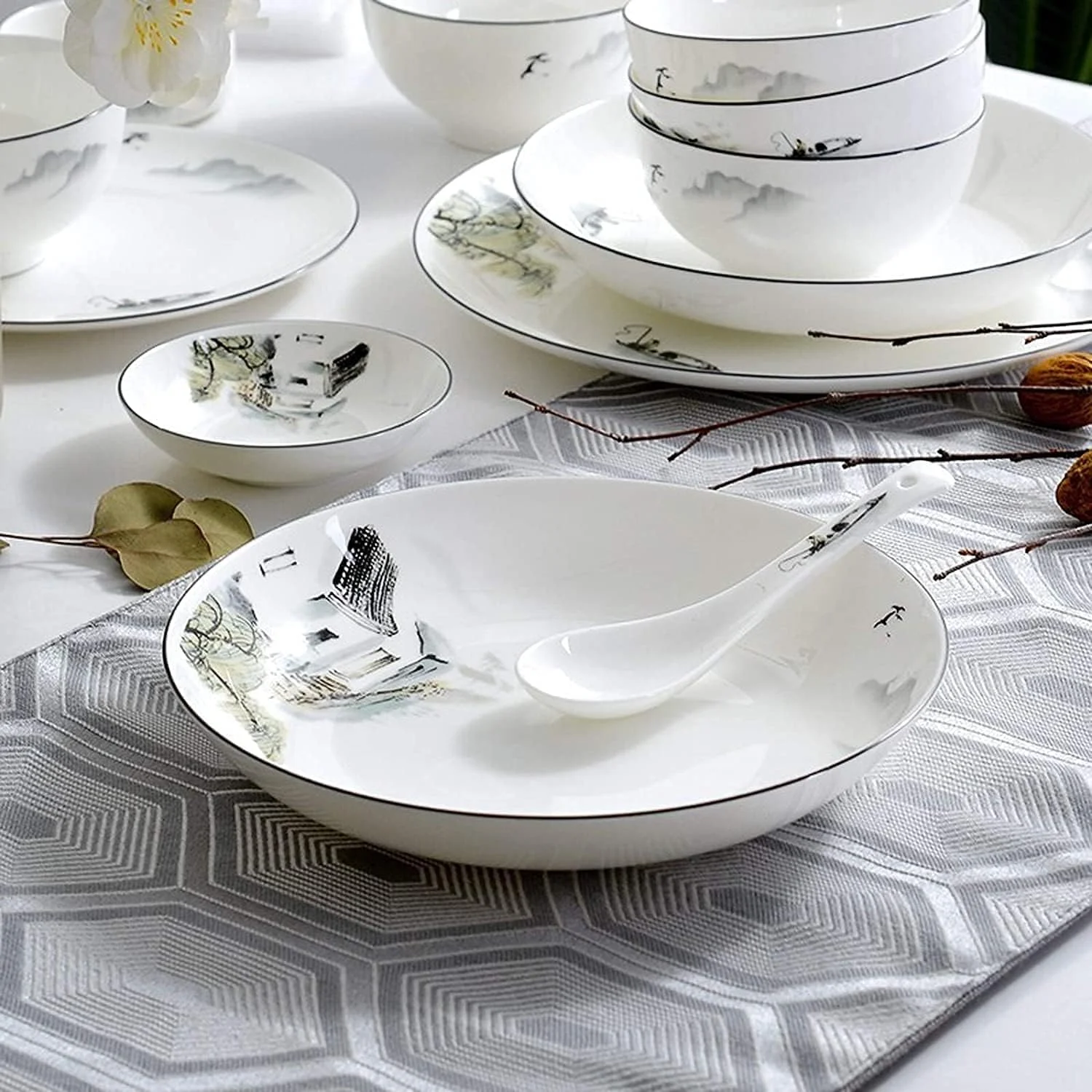 سرویس ظروف غذاخوری، ست ظروف پذیرایی مهمانی، ست ظروف سرامیکی، کاسه های سرامیکی/بشقاب استیک/قابلمه سوپ 50 تکه ای به سبک چینی