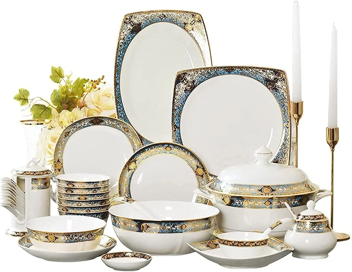 سرویس ظروف غذاخوری ۸۰ پارچه چینی استخوانی برای ۱۰ نفر، طرح طلایی به سبک اروپایی شامل کاسه و بشقاب