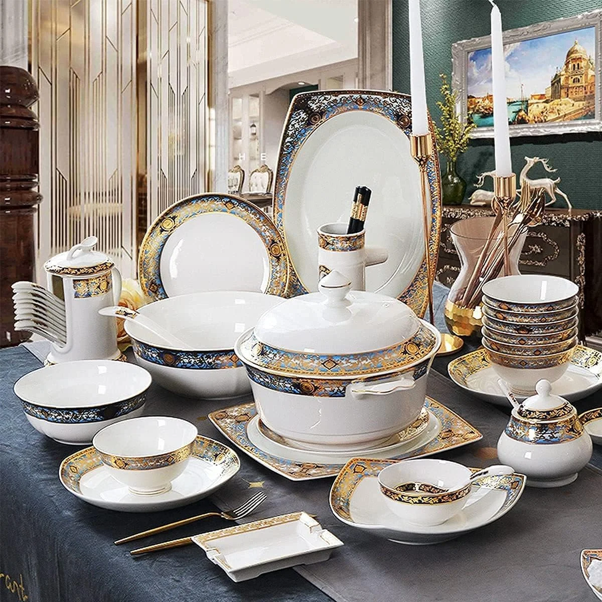 سرویس ظروف غذاخوری ۸۰ پارچه چینی استخوانی برای ۱۰ نفر، طرح طلایی به سبک اروپایی شامل کاسه و بشقاب