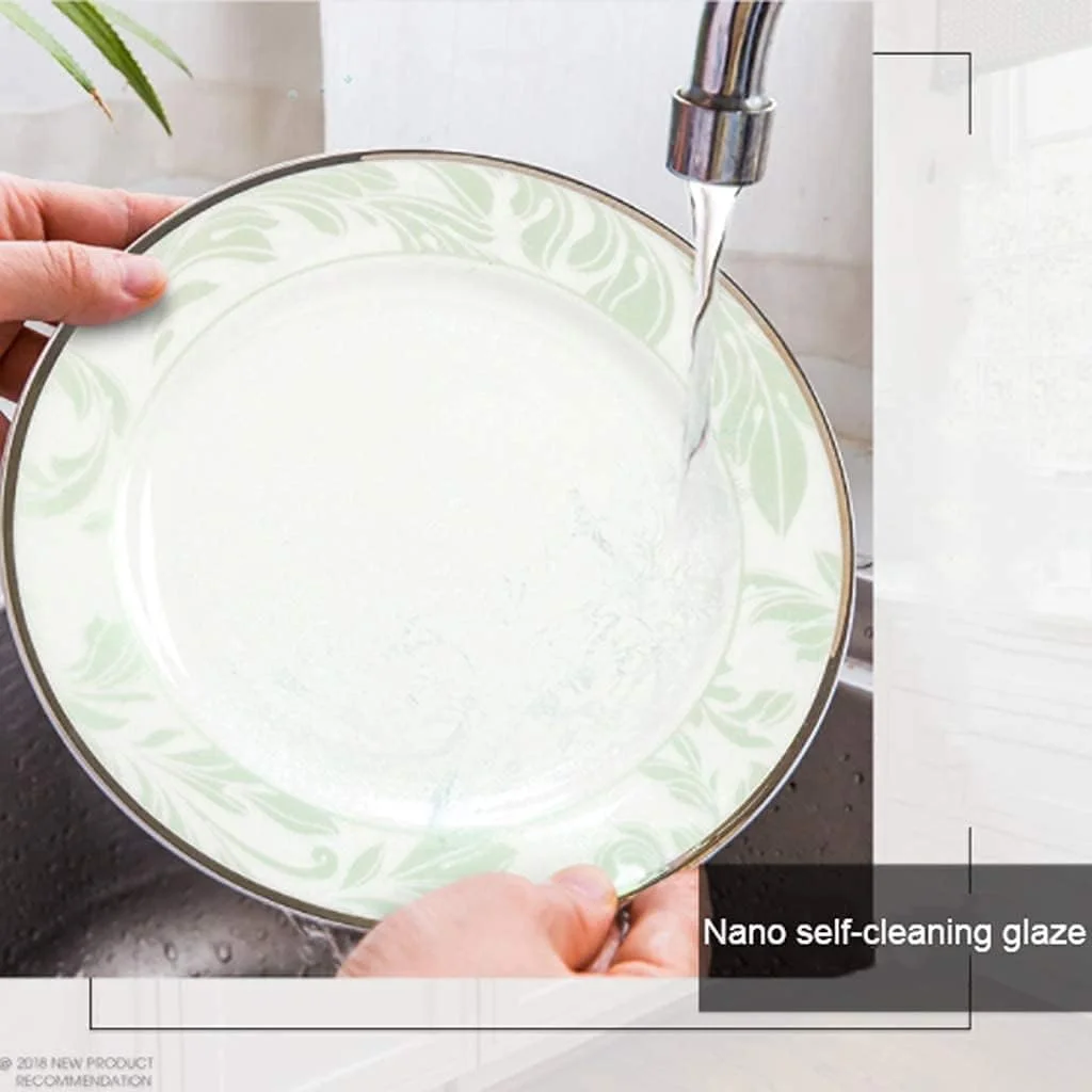 سرویس ظروف غذاخوری، ست ظروف پذیرایی، ست ظروف سرامیکی 46 تکه، کاسه/قابلمه/بشقاب/قاشق | ست ظروف چینی استخوانی، ترکیب ظروف چینی سبز تازه