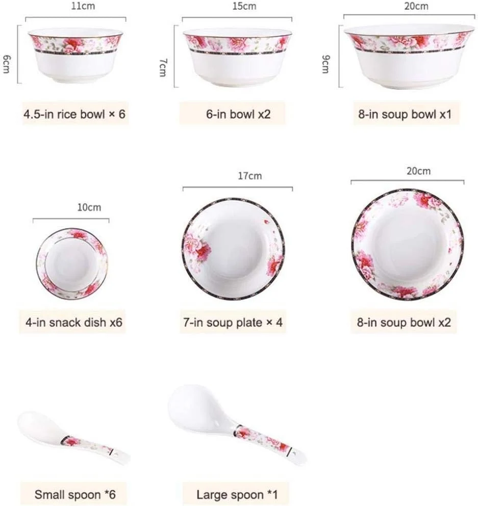 سرویس غذاخوری 28 پارچه، ظروف چینی استخوانی، ست ظروف سرامیکی با طرح گل، ترکیبی از بشقاب ها و کاسه ها برای مهمانی خانوادگی