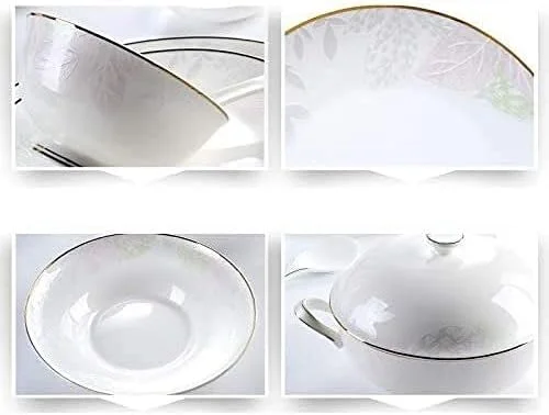 سرویس ظروف غذاخوری - سرویس لوکس هدیه، سرویس ظروف غذاخوری 48 پارچه برای 10 نفر، چینی استخوانی ممتاز سفید با طرح طلایی وینتیج