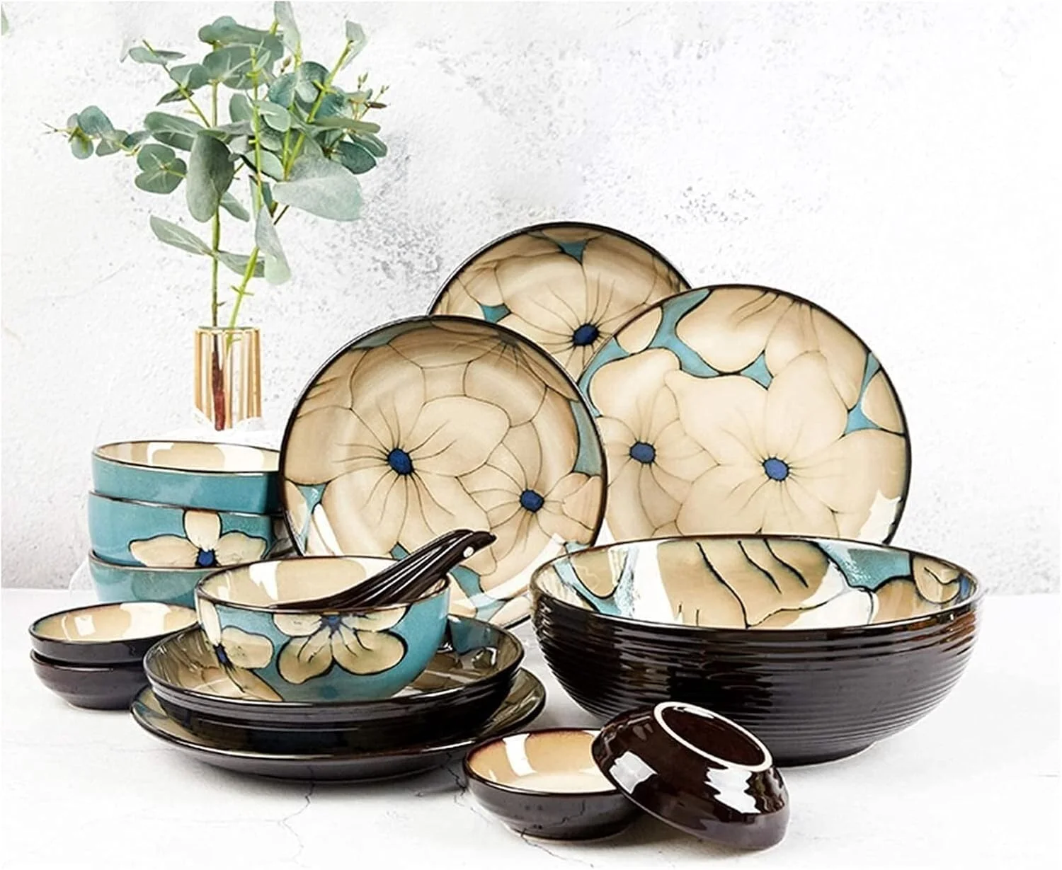 سرویس غذاخوری لوکس خانوادگی، ست ظروف غذاخوری دست ساز، ست ظروف آبی شامل کاسه برنج، کاسه سوپ، بشقاب غذاخوری، دیس ماهی، ترکیبی از ظروف سرامیکی خانگی