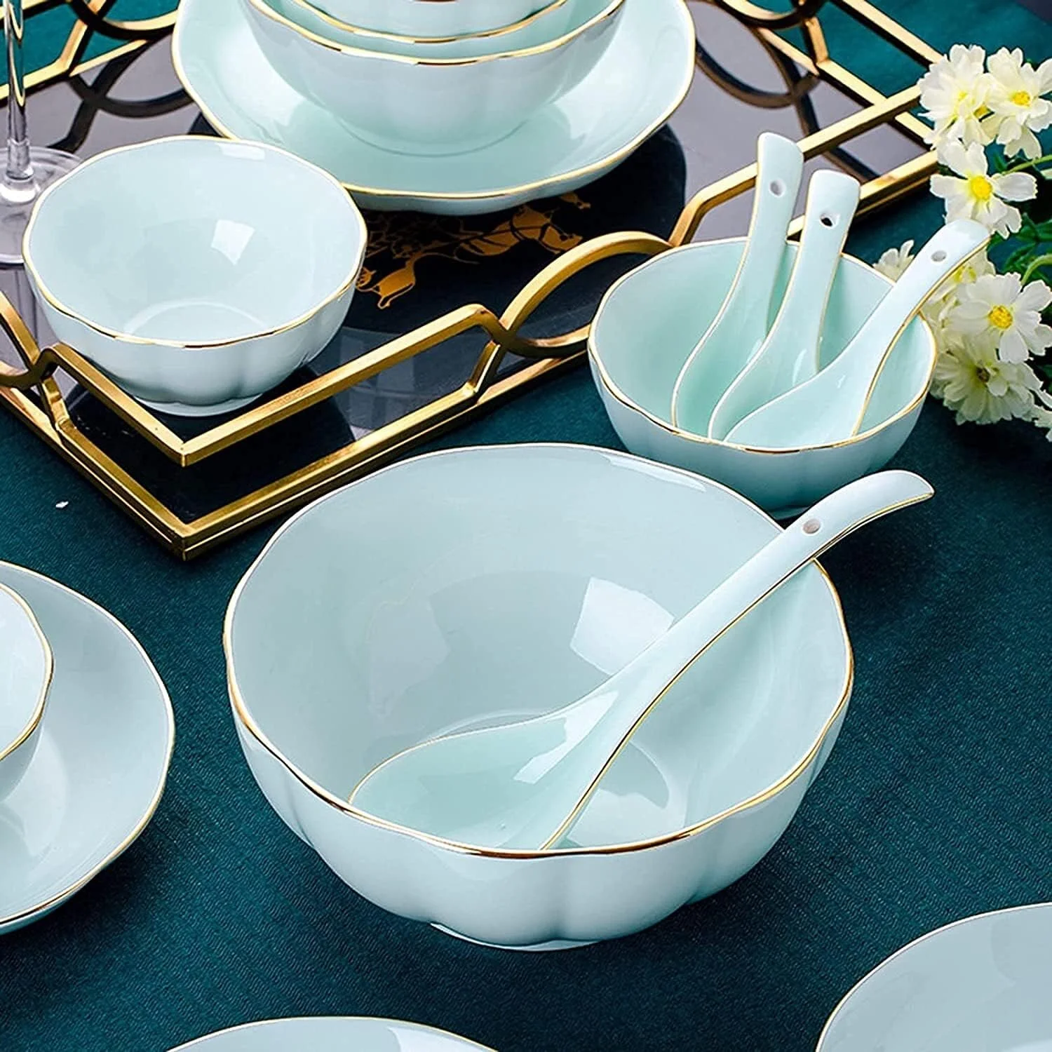 سرویس ظروف غذاخوری - سرویس ظروف هدیه لوکس، سرویس ظروف چینی استخوانی، سرویس ظروف چینی آبی سفید مدرن درجه یک - ست ظروف غذاخوری مهمانی بشقاب صبحانه چینی
