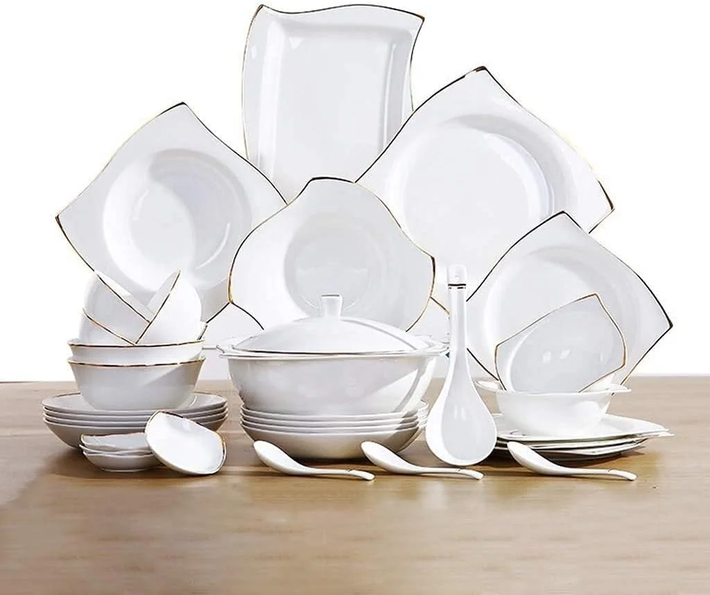 سرویس ظروف غذاخوری - سرویس ظروف لوکس هدیه، سرویس ظروف سرامیکی 48 تکه، کاسه/بشقاب/قابلمه سوپ/قاشق | سرویس ظروف چینی استخوانی، چینی با طرح طلایی