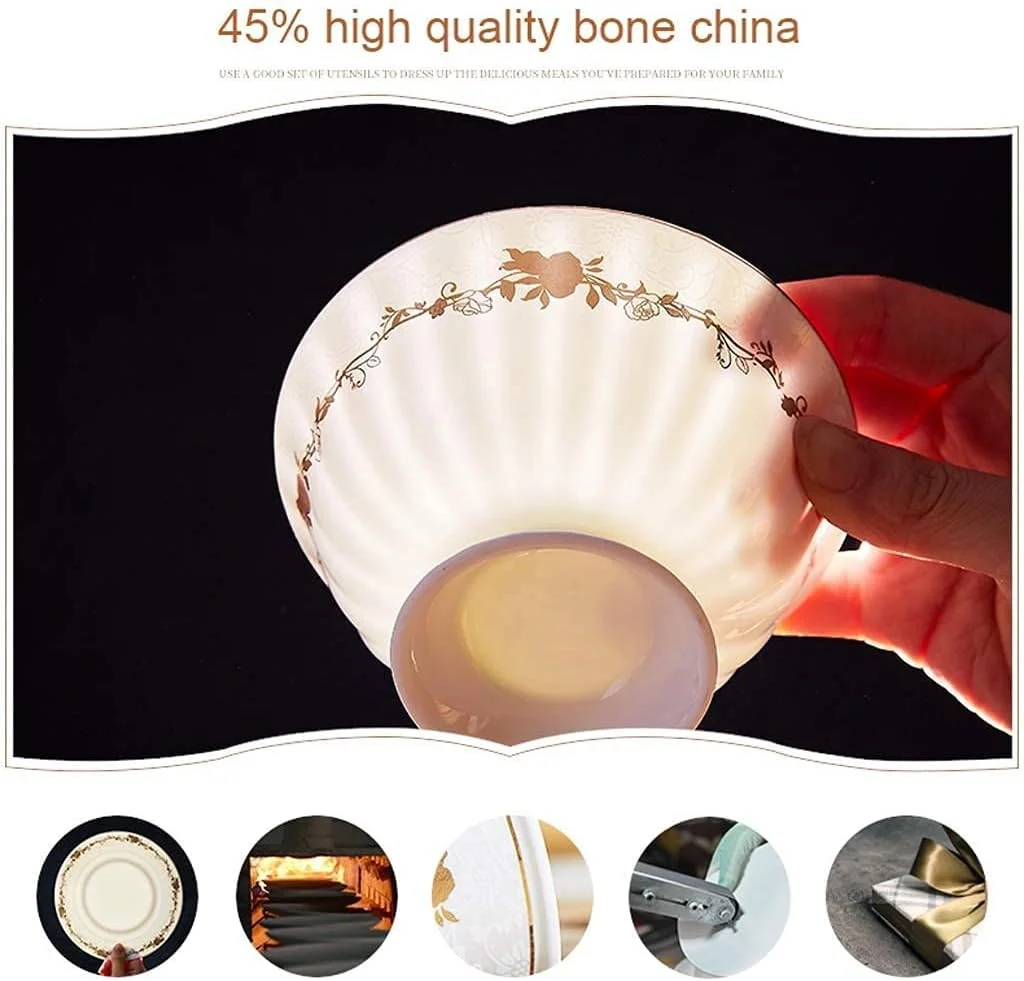 سرویس ظروف غذاخوری - سرویس ظروف لوکس هدیه، سرویس ظروف سرامیکی 46 تکه، کاسه/بشقاب/قابلمه سوپ/قاشق | سرویس ظروف چینی استخوانی، چینی با طرح گل رز طلایی