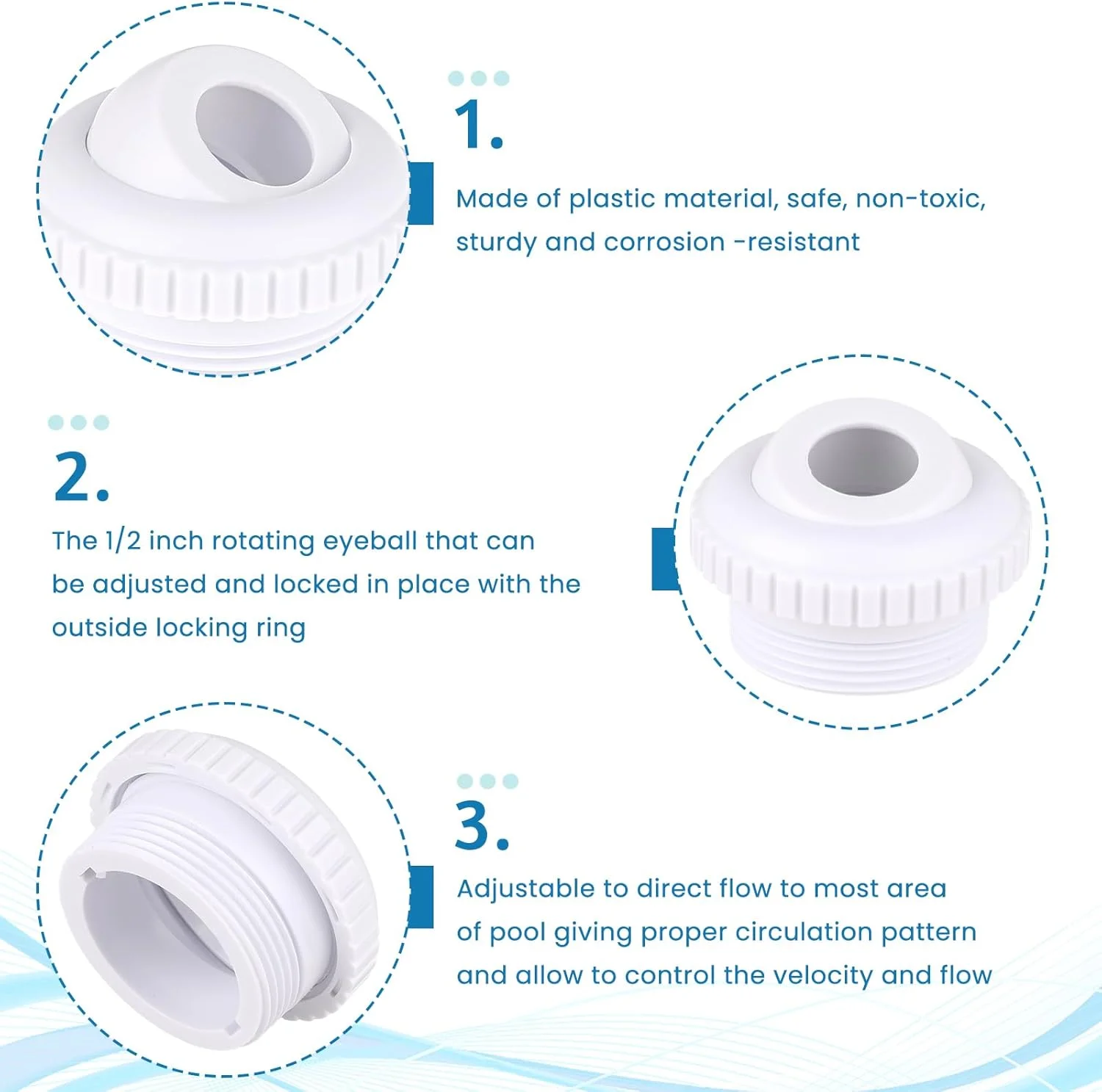 نازل جت استخر 2 عددی، اتصالات برگشتی استخر شنا 3/4 اینچی SP1419D، نازل چشمی ورودی جریان جهت دار آب جت خروجی با رزوه 1-1/2 اینچی Mip، لوازم جانبی استخرهای توکار