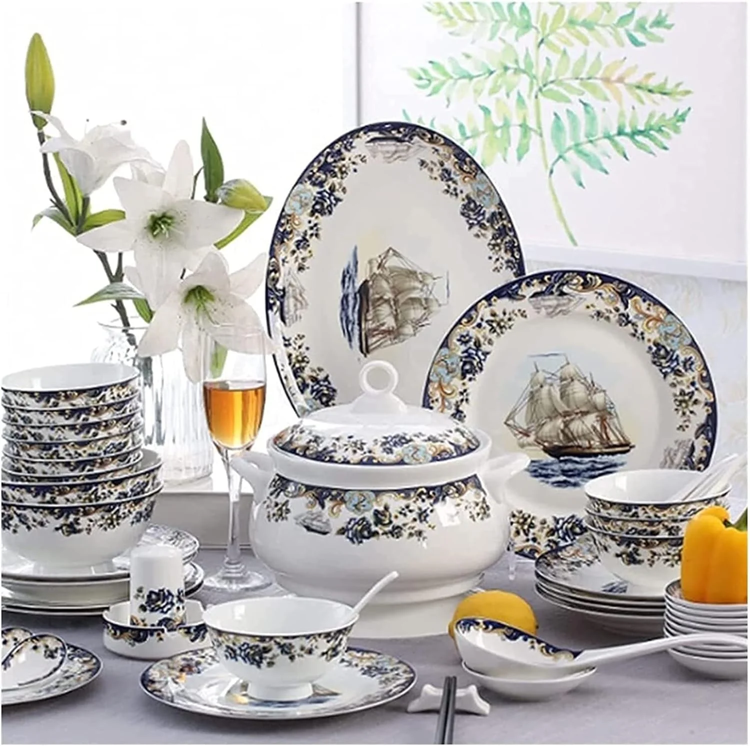سرویس غذاخوری لوکس خانوادگی، سرویس ظروف غذاخوری 58 تکه، سرویس ظروف چینی استخوانی با بشقاب، کاسه و دیس، طرح قایق بادبانی سرامیکی