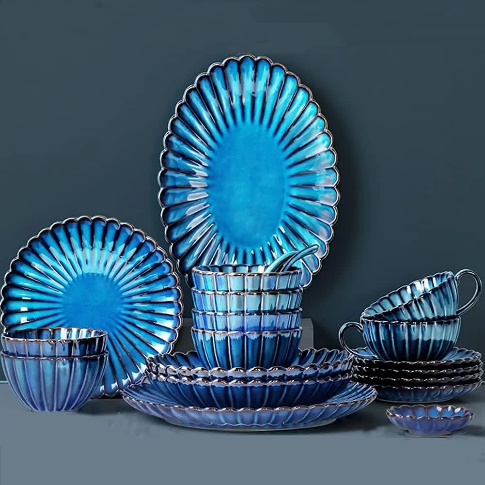 سرویس غذاخوری 54 پارچه، ست ظروف آبی رنگ از جنس چینی با بشقاب، کاسه و فنجان قهوه، ست ظروف سرامیکی برای آشپزخانه منزل و غذاخوری، قابل استفاده در مایکروویو و ماشین ظرفشویی