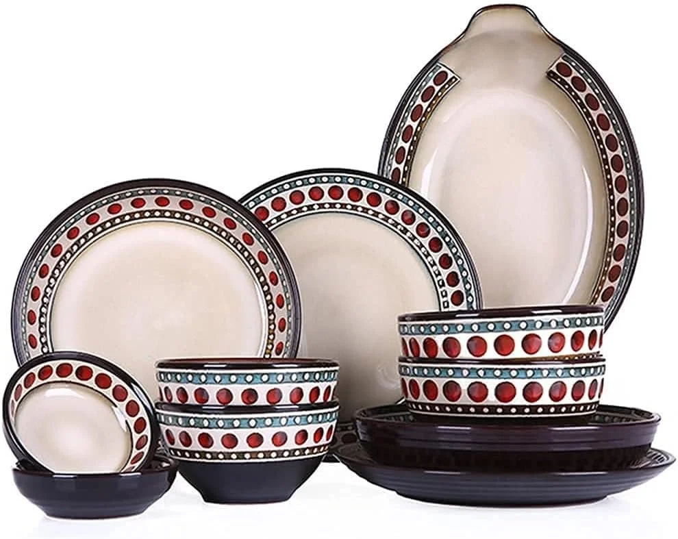 سرویس غذاخوری 11 پارچه، ست ظروف غذاخوری چینی به سبک رترو آمریکایی با بشقاب و کاسه، ست شام سرامیکی برای آشپزخانه و غذاخوری، ایمن برای مایکروویو و ماشین ظرفشویی