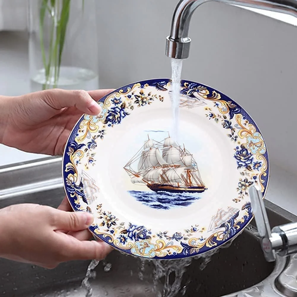 سرویس غذاخوری لوکس خانوادگی، سرویس ظروف غذاخوری 58 تکه، سرویس ظروف چینی استخوانی با بشقاب، کاسه و دیس، طرح قایق بادبانی سرامیکی