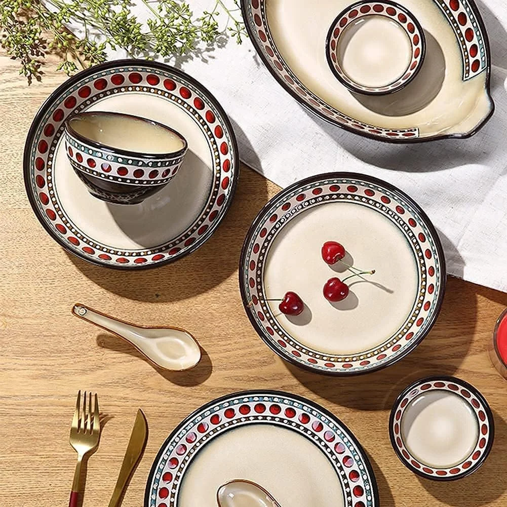 سرویس غذاخوری 11 پارچه، ست ظروف غذاخوری چینی به سبک رترو آمریکایی با بشقاب و کاسه، ست شام سرامیکی برای آشپزخانه و غذاخوری، ایمن برای مایکروویو و ماشین ظرفشویی