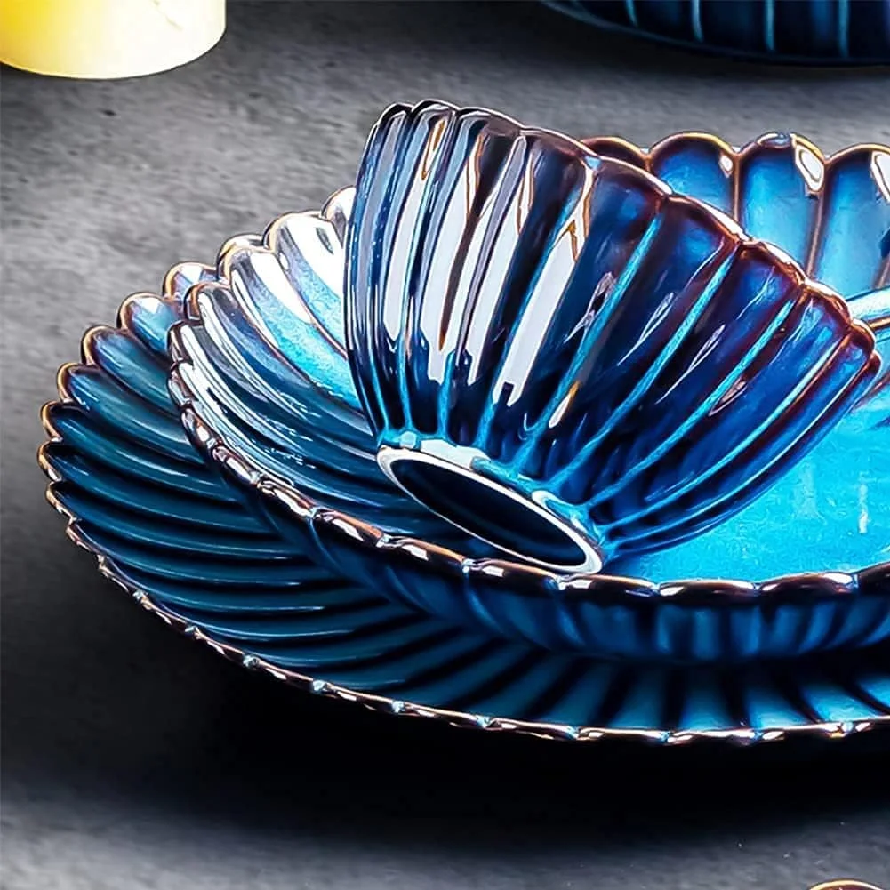 سرویس غذاخوری 54 پارچه، ست ظروف آبی رنگ از جنس چینی با بشقاب، کاسه و فنجان قهوه، ست ظروف سرامیکی برای آشپزخانه منزل و غذاخوری، قابل استفاده در مایکروویو و ماشین ظرفشویی