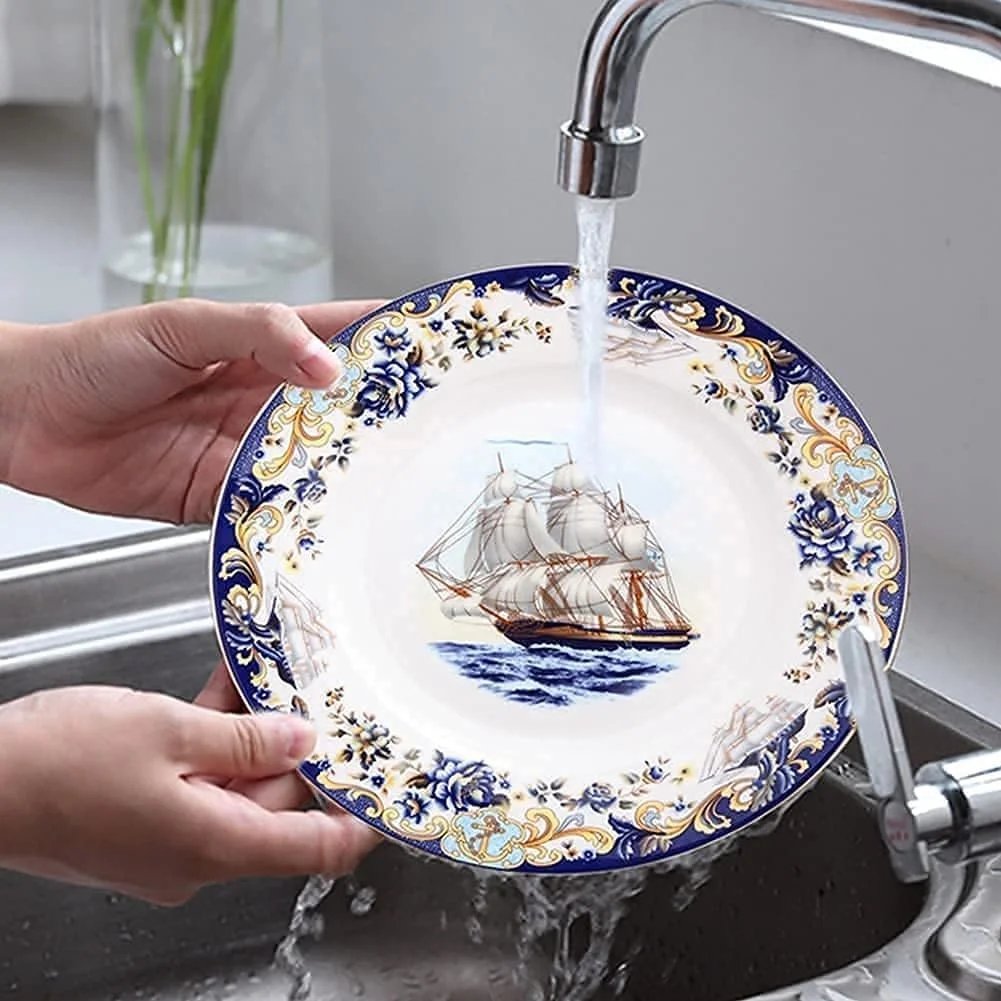 سرویس ظروف غذاخوری، 58 پارچه، سرویس ظروف چینی استخوانی با بشقاب، کاسه و دیس، سرویس غذاخوری سرامیکی با طرح قایق بادبانی