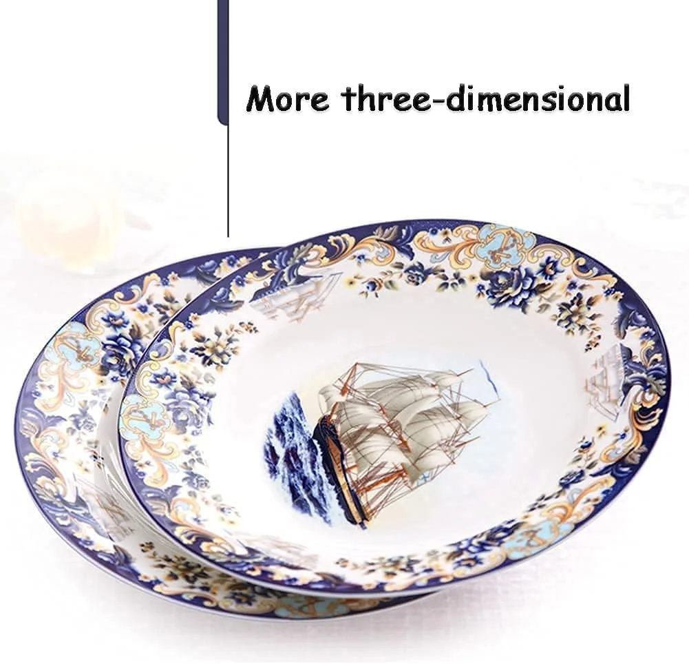 سرویس غذاخوری لوکس خانوادگی، سرویس ظروف غذاخوری 58 تکه، سرویس ظروف چینی استخوانی با بشقاب، کاسه و دیس، طرح قایق بادبانی سرامیکی